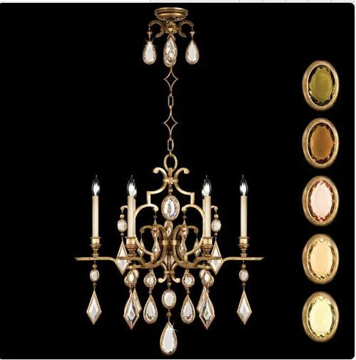 Six-Light Chandelier in Variegated Gold Leaf Finish with Multi-Colored Crystal Gems - Image 1