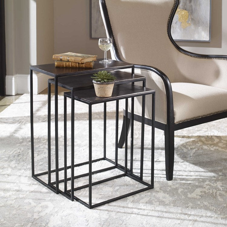 Uttermost Coreene Antiqued Bronze With Aged Black Iron Set of 3 Modern Nesting Tables - Image 3