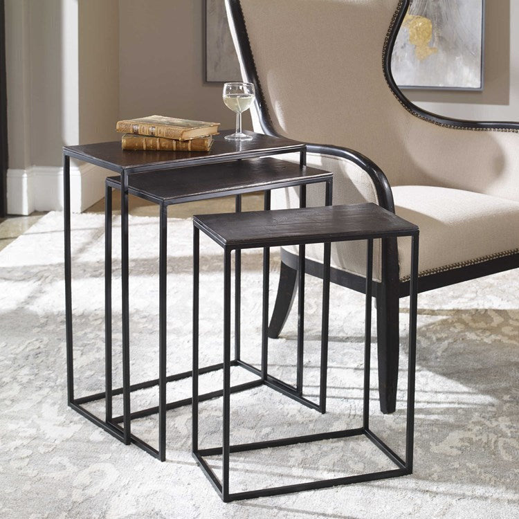 Uttermost Coreene Antiqued Bronze With Aged Black Iron Set of 3 Modern Nesting Tables - Image 1