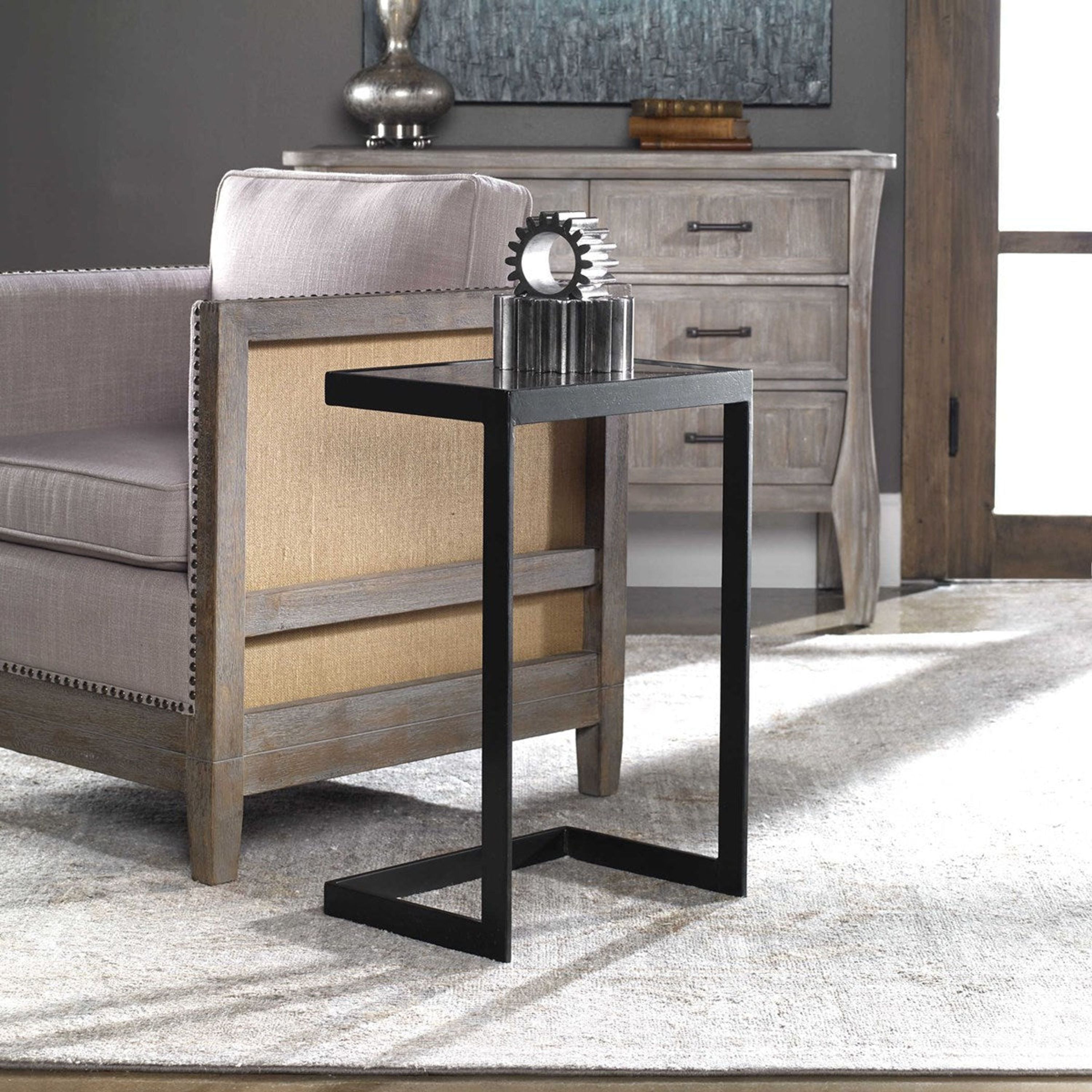 Uttermost Windell Mirrored Top With Black Iron Base Modern Accent Table - Image 2