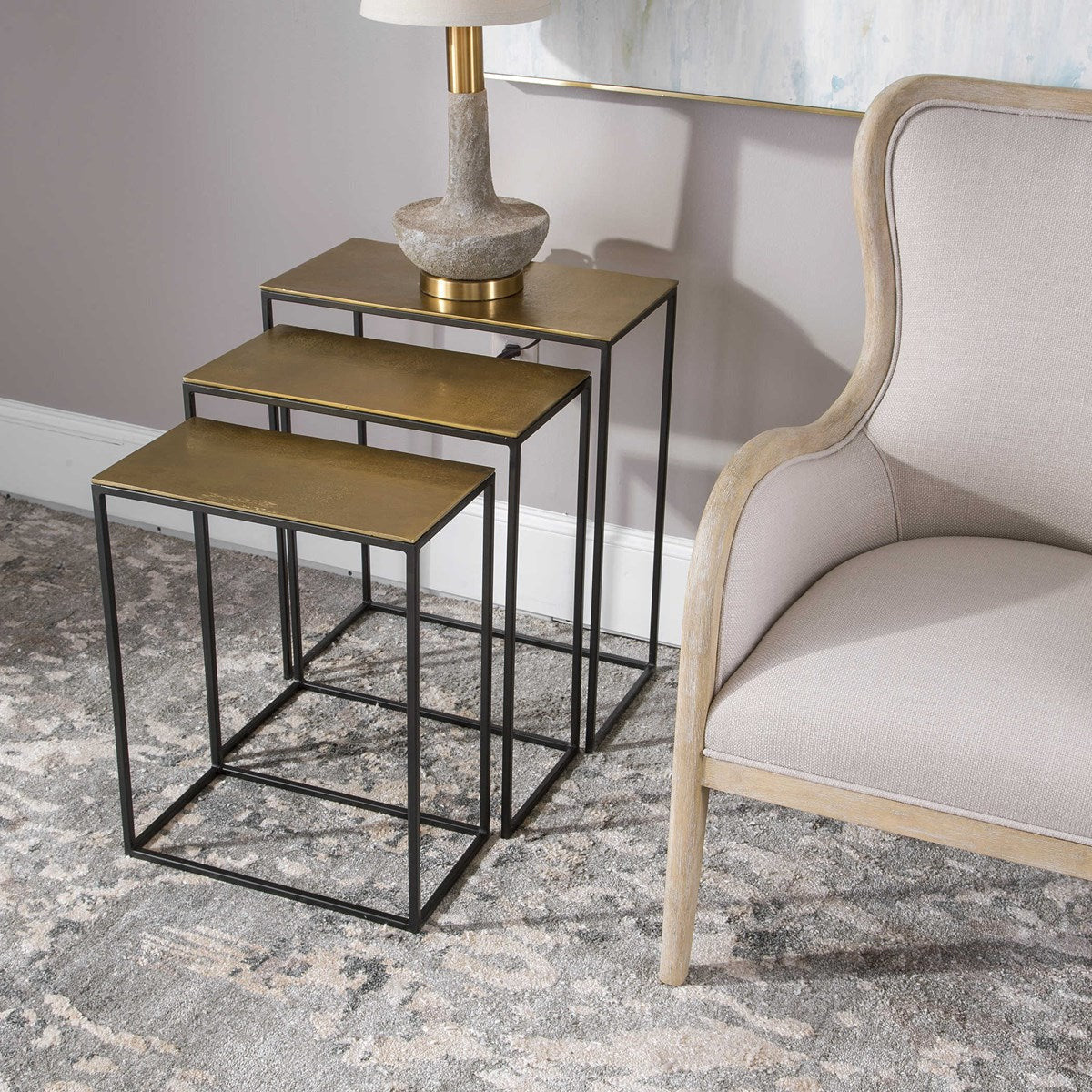 Uttermost Coreene Antiqued Gold With Aged Black Iron Set of 3 Modern Nesting Tables - Image 1