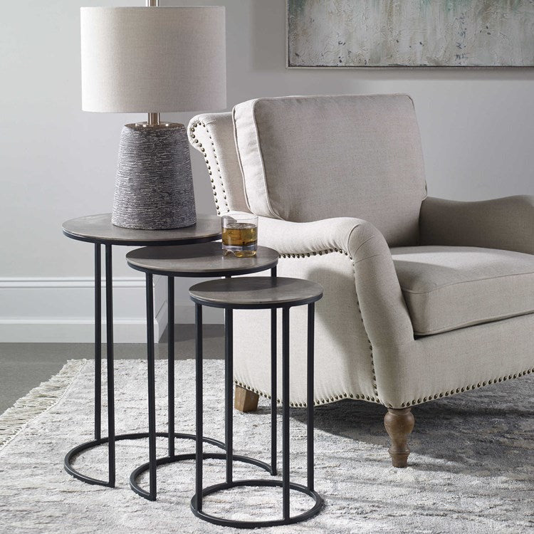 Uttermost Erik Antiqued Nickel Top With Aged Black Iron Set of 3 Modern Nesting Tables - Image 1