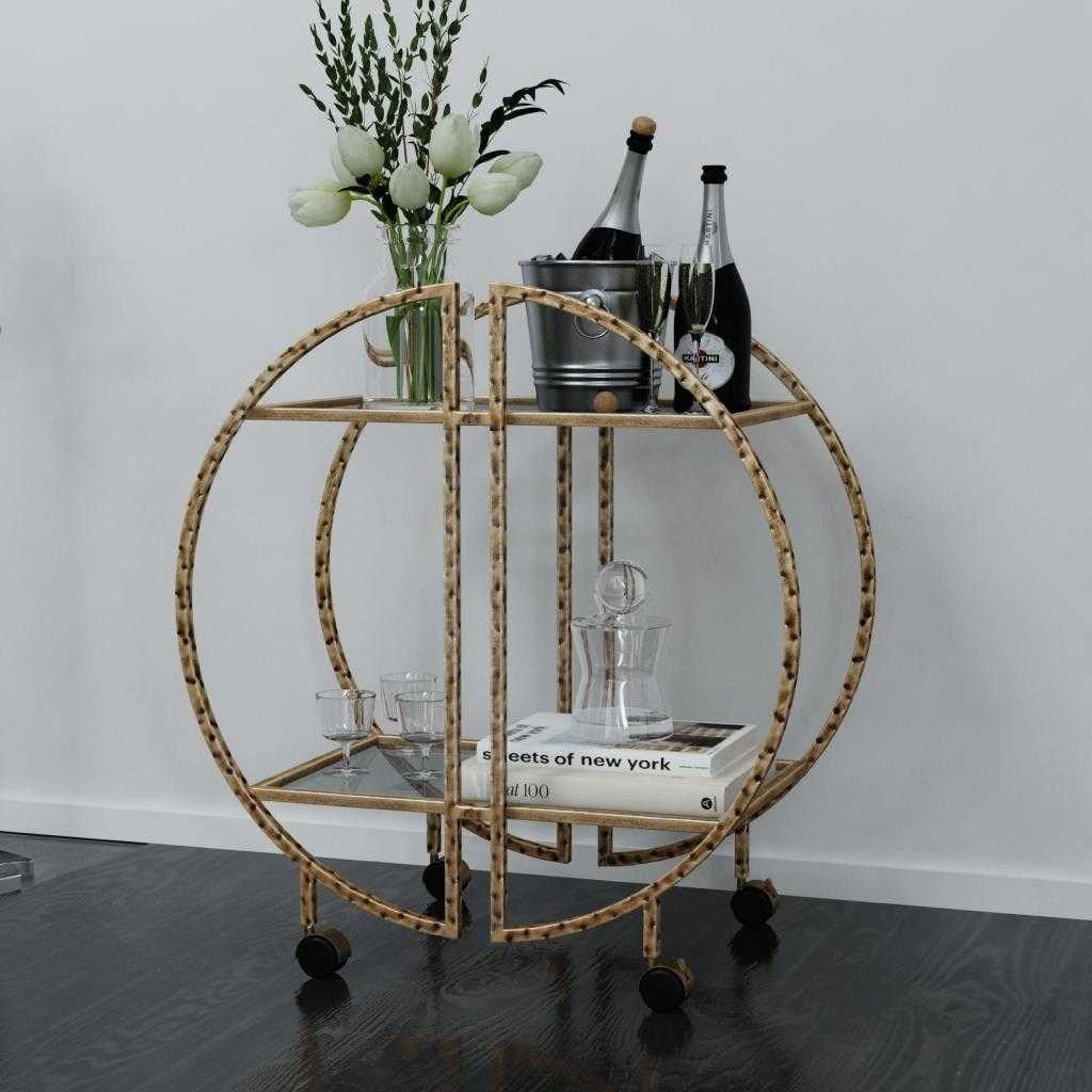 Uttermost Zelina Hammered Antiqued Gold With Glass Shelves Bar Cart