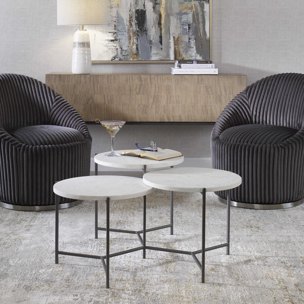 Uttermost Contarini White Marble Toos With Gunmetal Silver Iron Tiered Coffee Tables - Image 1