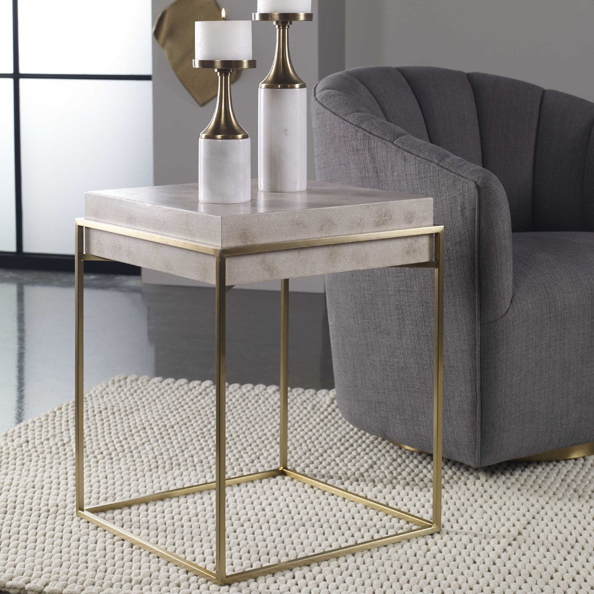 Uttermost Inda Ivory Burl Top With Brushed Brass Steel Accent Table - Image 1