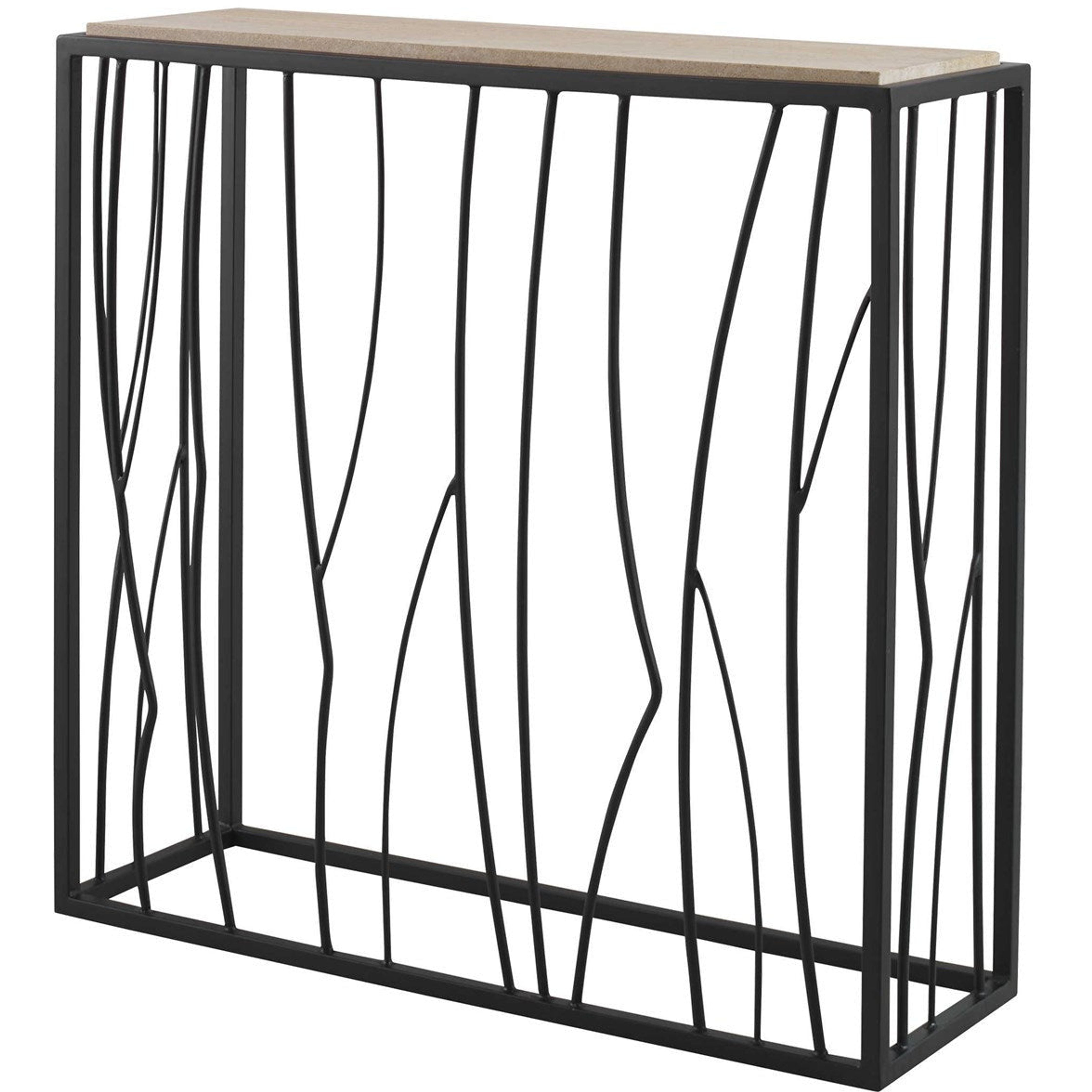 Uttermost Reed Natural Ivory Travertine Top With Asymmetrical Metal Rustic Modern Console Table - Image 3