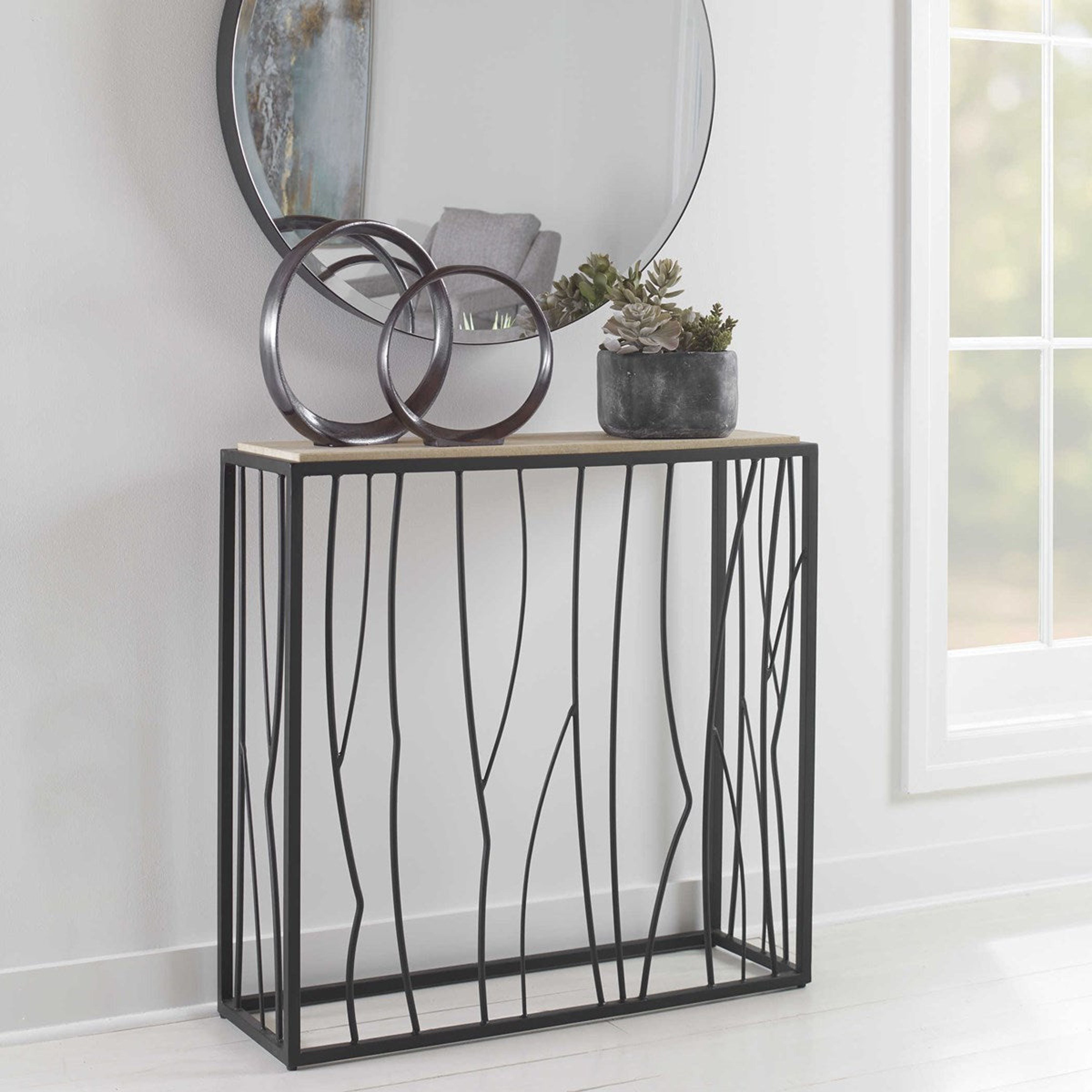 Uttermost Reed Natural Ivory Travertine Top With Asymmetrical Metal Rustic Modern Console Table - Image 1