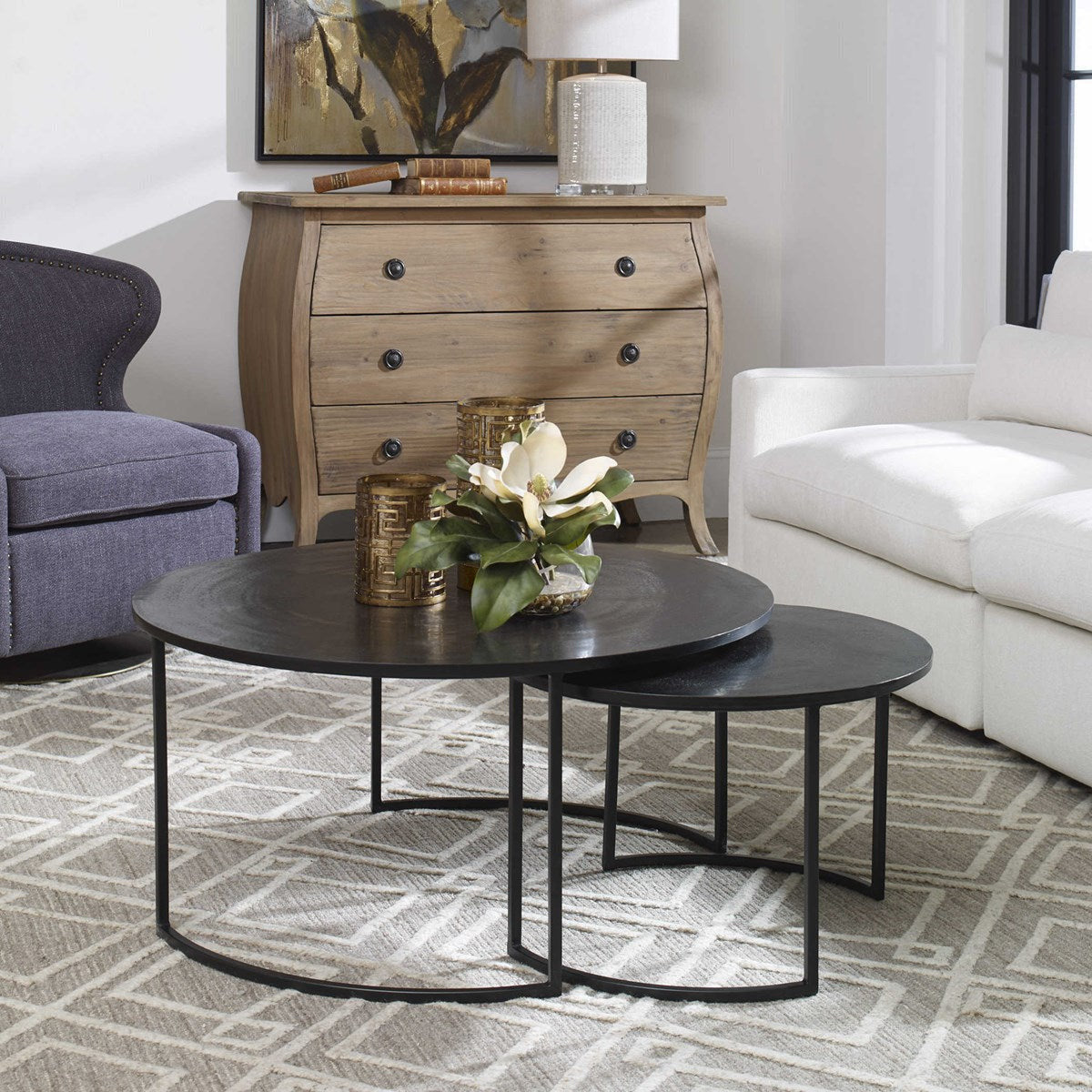 Uttermost Barnette Black Top with Aged Black Iron Base Set of 2 Coffee Nesting Tables - Image 2