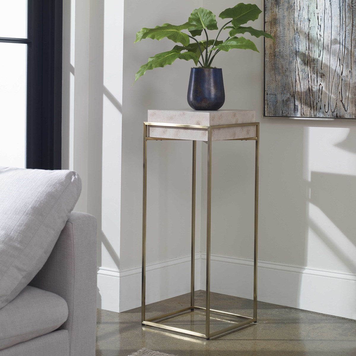 Uttermost Inda Ivory Burl Top With Brushed Brass Steel Plant Stand - Image 2