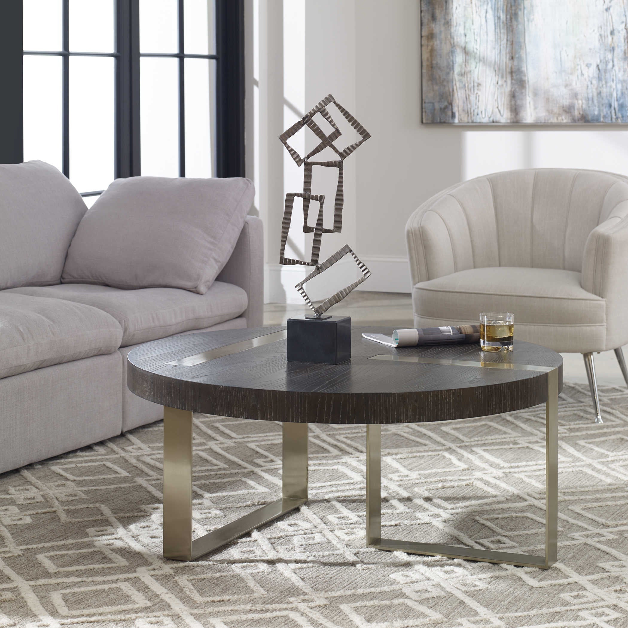 Uttermost Ebony Oak Top With Brushed Pewter Linear Steel Modern Coffee Table - Image 1