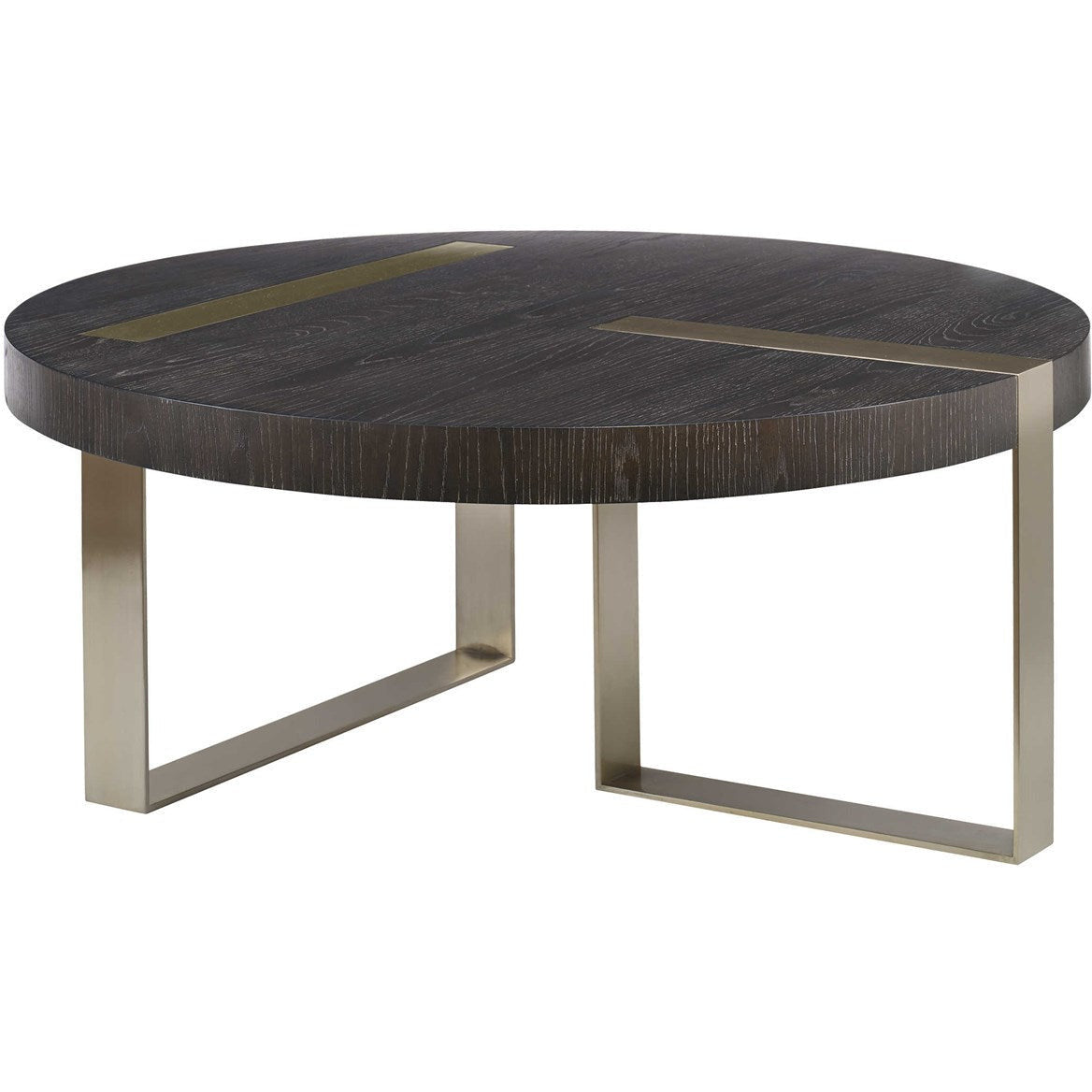 Uttermost Ebony Oak Top With Brushed Pewter Linear Steel Modern Coffee Table - Image 3