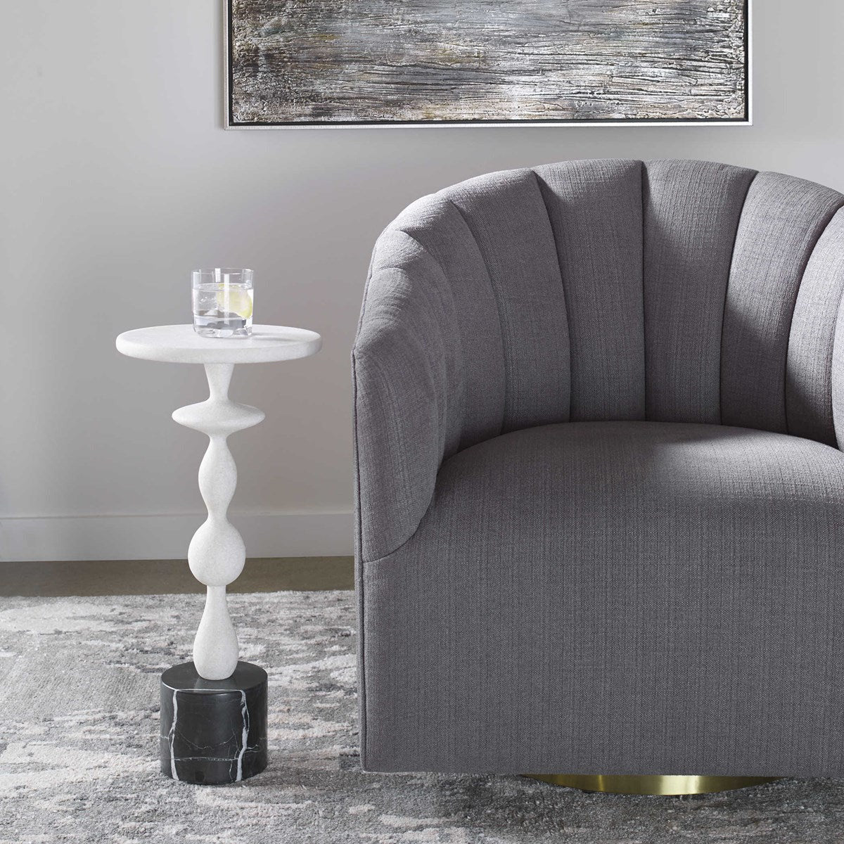 Uttermost Inverse White Stone With Black Marble Modern Round Drink Table - Image 1