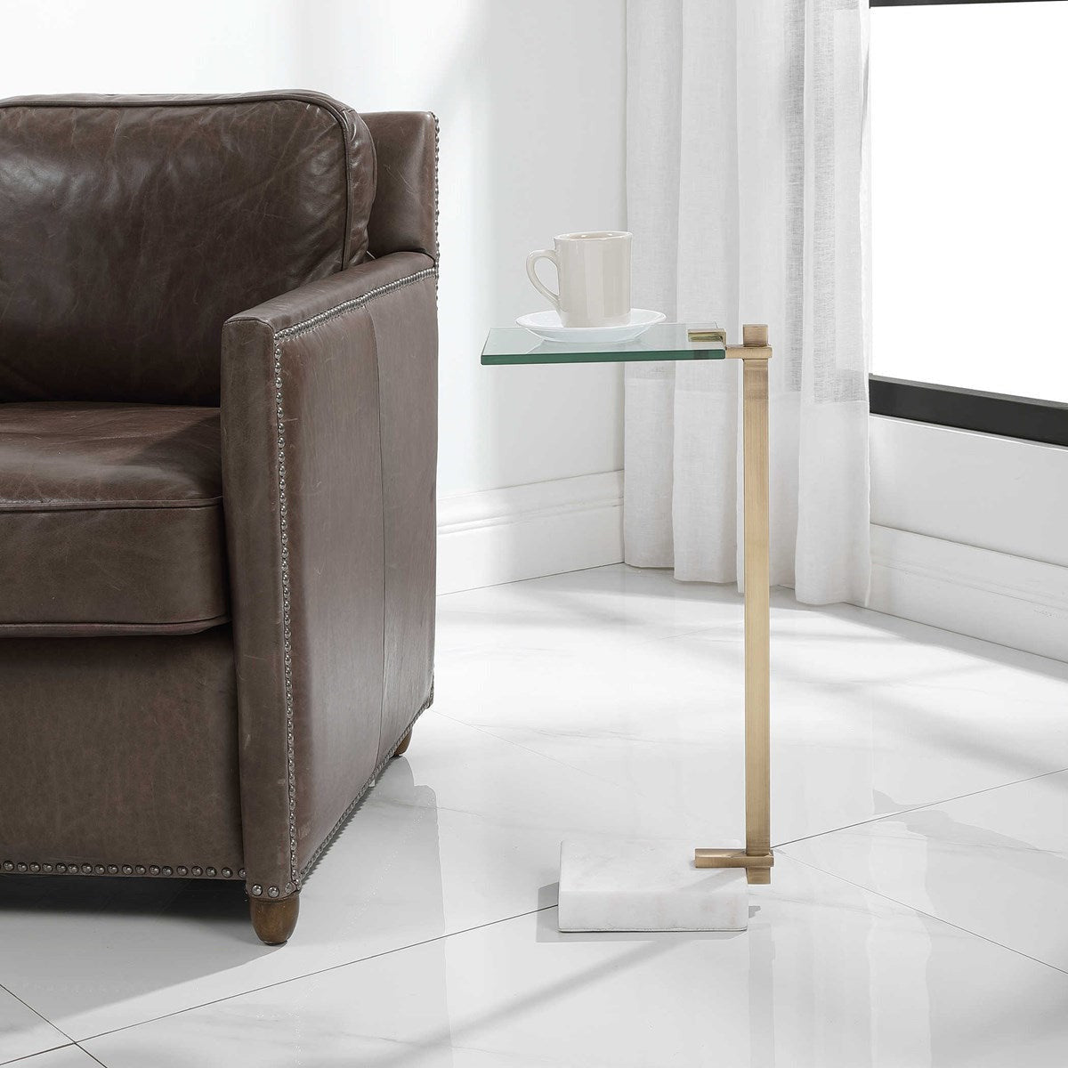 Uttermost Butler Glass Too With White Marble & Brushed Brass Modern Accent Table - Image 3