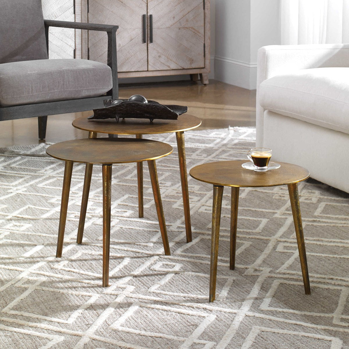 Uttermost Kasai Antiqued Gold Set of 3 Modern Nesting Coffee Tables - Image 1