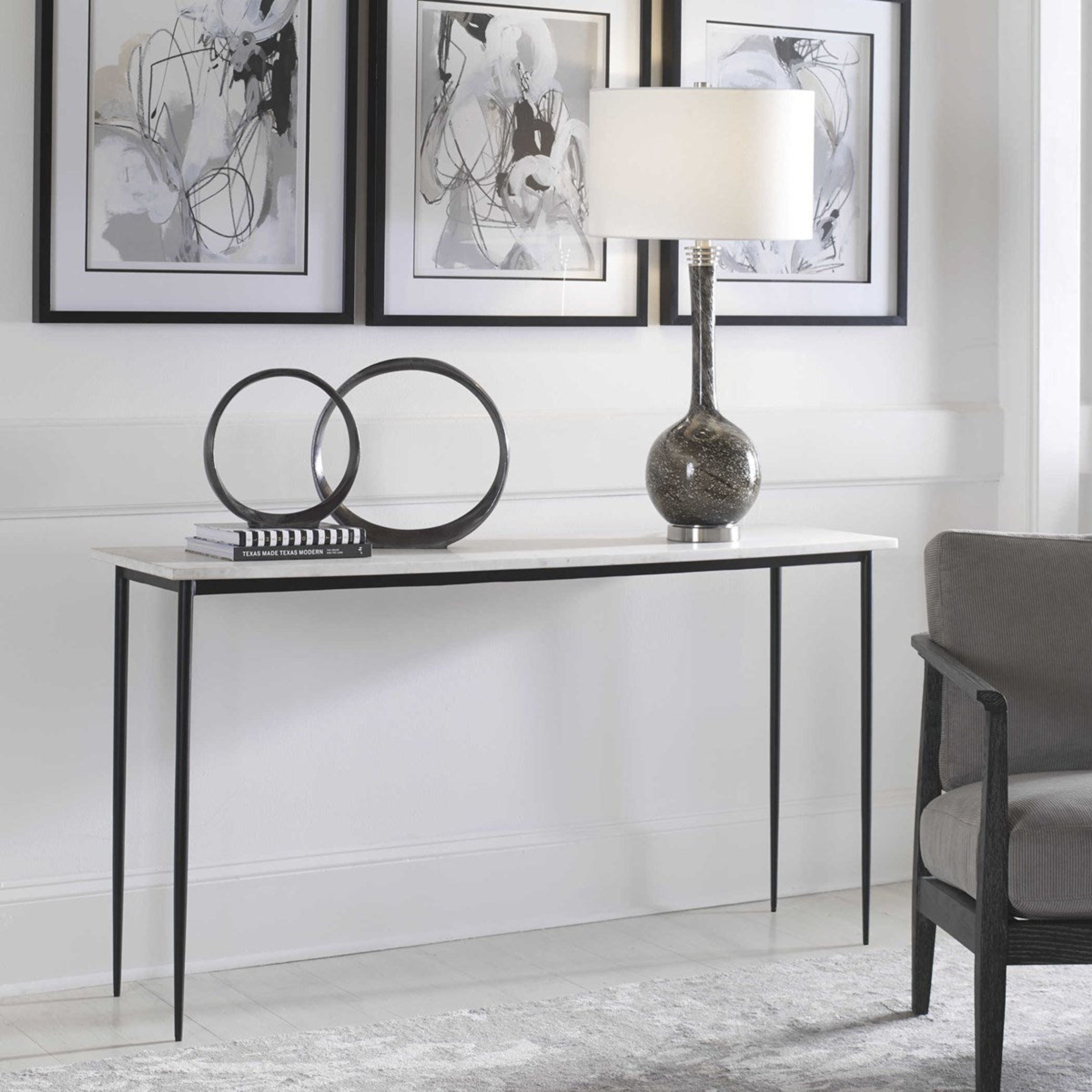 Uttermost Nightfall White Marble Top With Black Iron Base Modern Console Table - Image 3