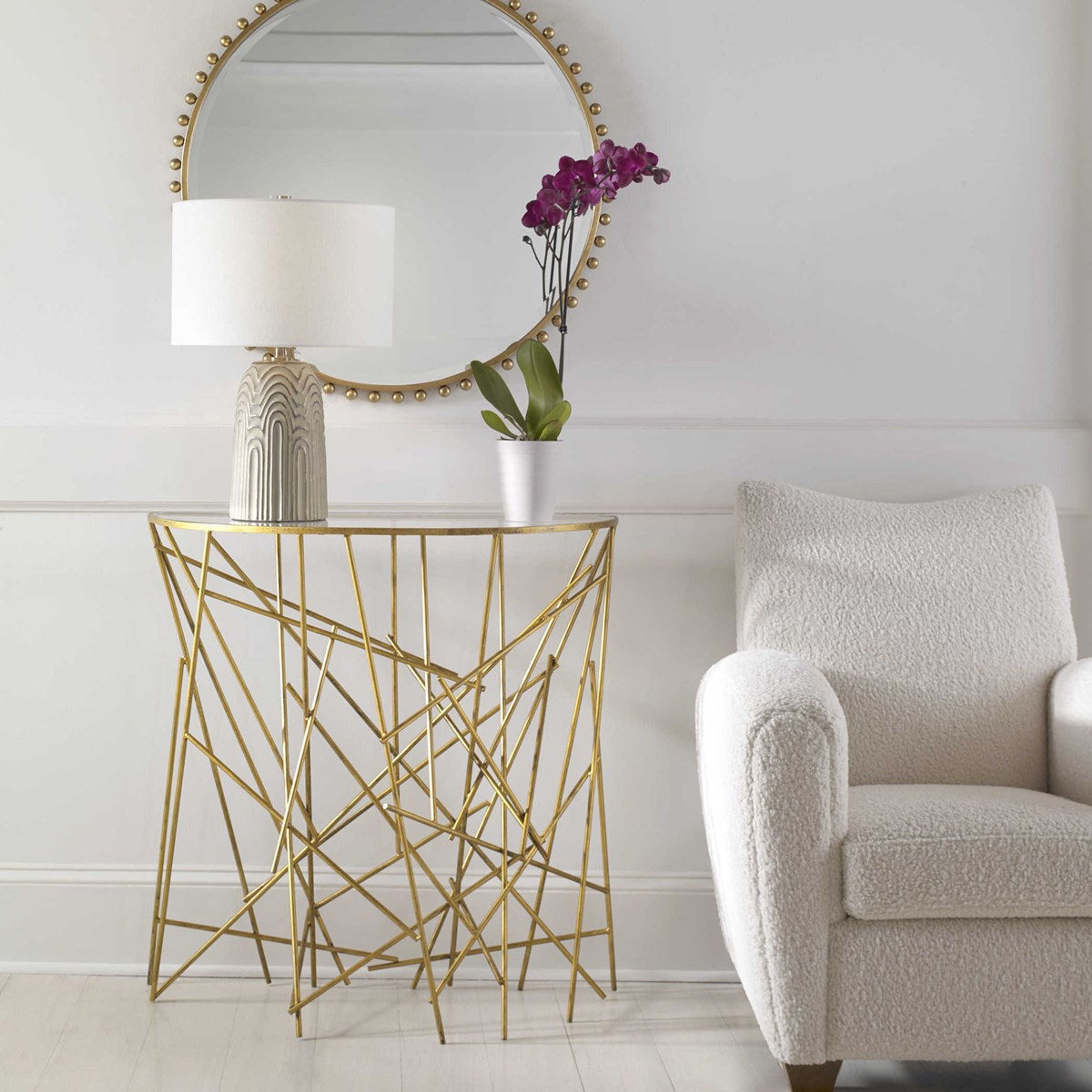 Uttermost Philosopher Glass Top With Sculptural Antiqued Gold Iron Modern Console - Image 1