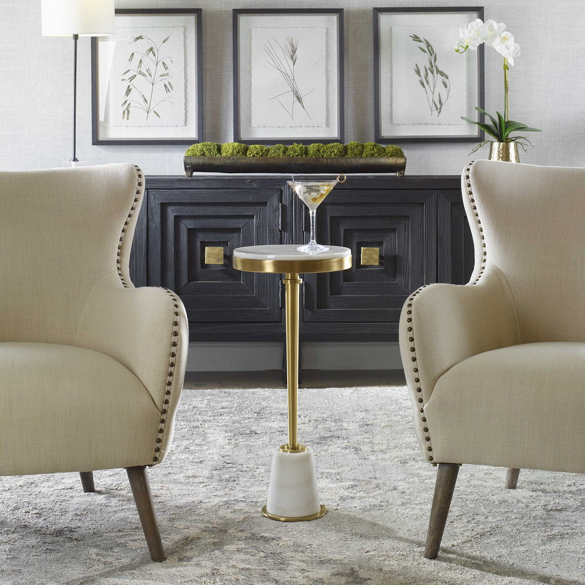 Uttermost Edifice White Marble Top With Brushed Brass Round Drink Table - Image 1