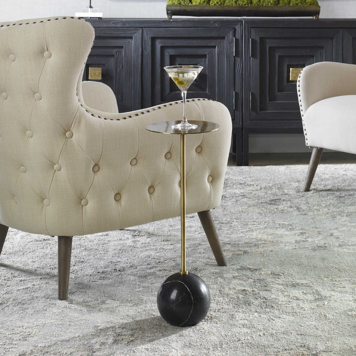 Uttermost Gimlet Brushed Brass Iron With Black Marble Modern Round Drink Table - Image 1