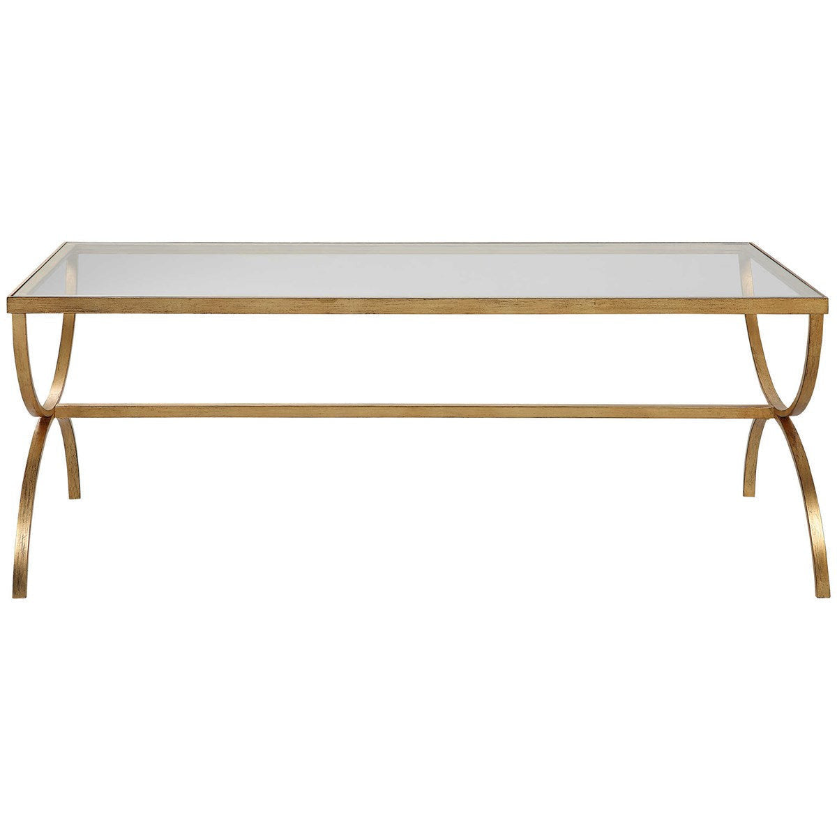 Uttermost Crescent Glass Top With Antiqued Gold Iron Coffee Table - Image 2