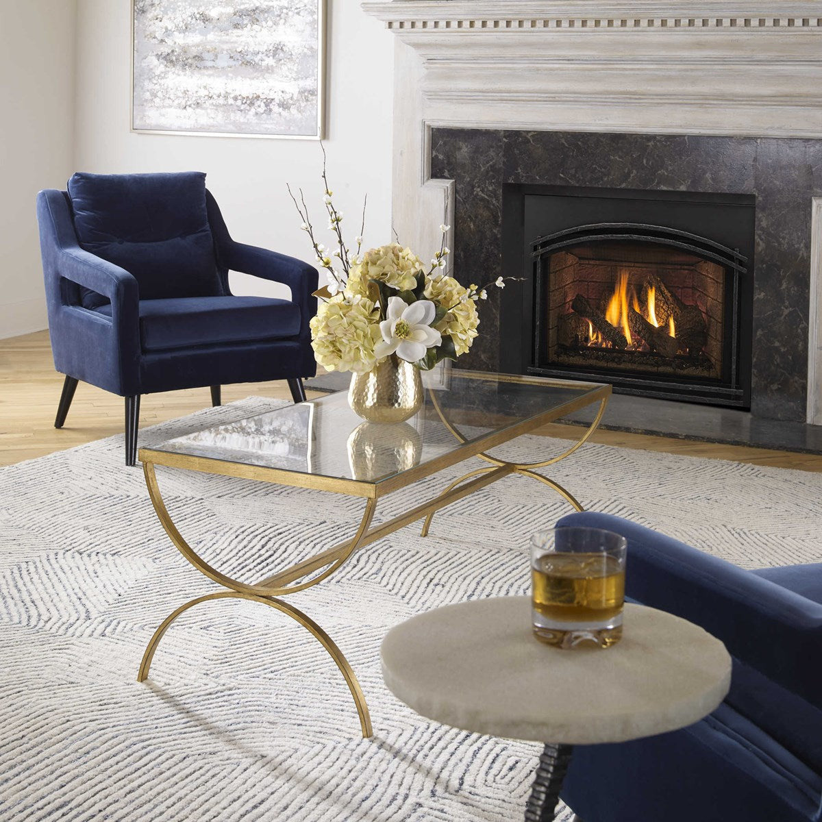 Uttermost Crescent Glass Top With Antiqued Gold Iron Coffee Table - Image 1