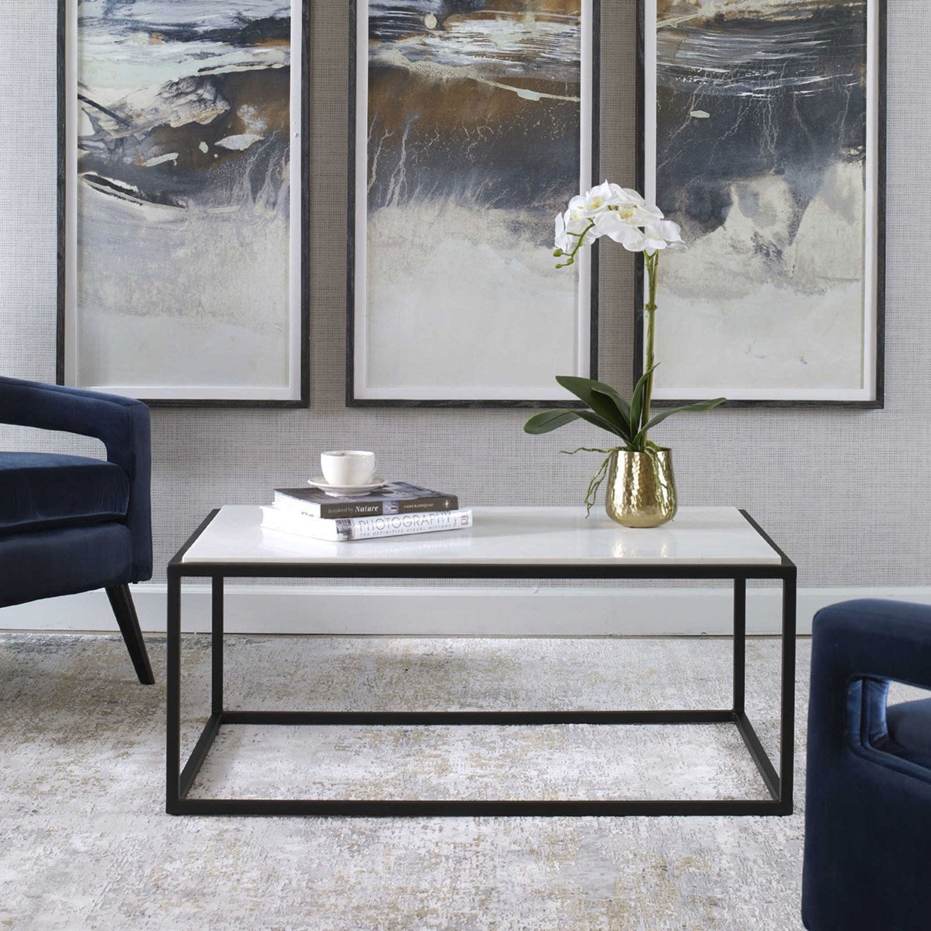 Uttermost Vola White Marble Top With Black Iron Base Modern Coffee Table