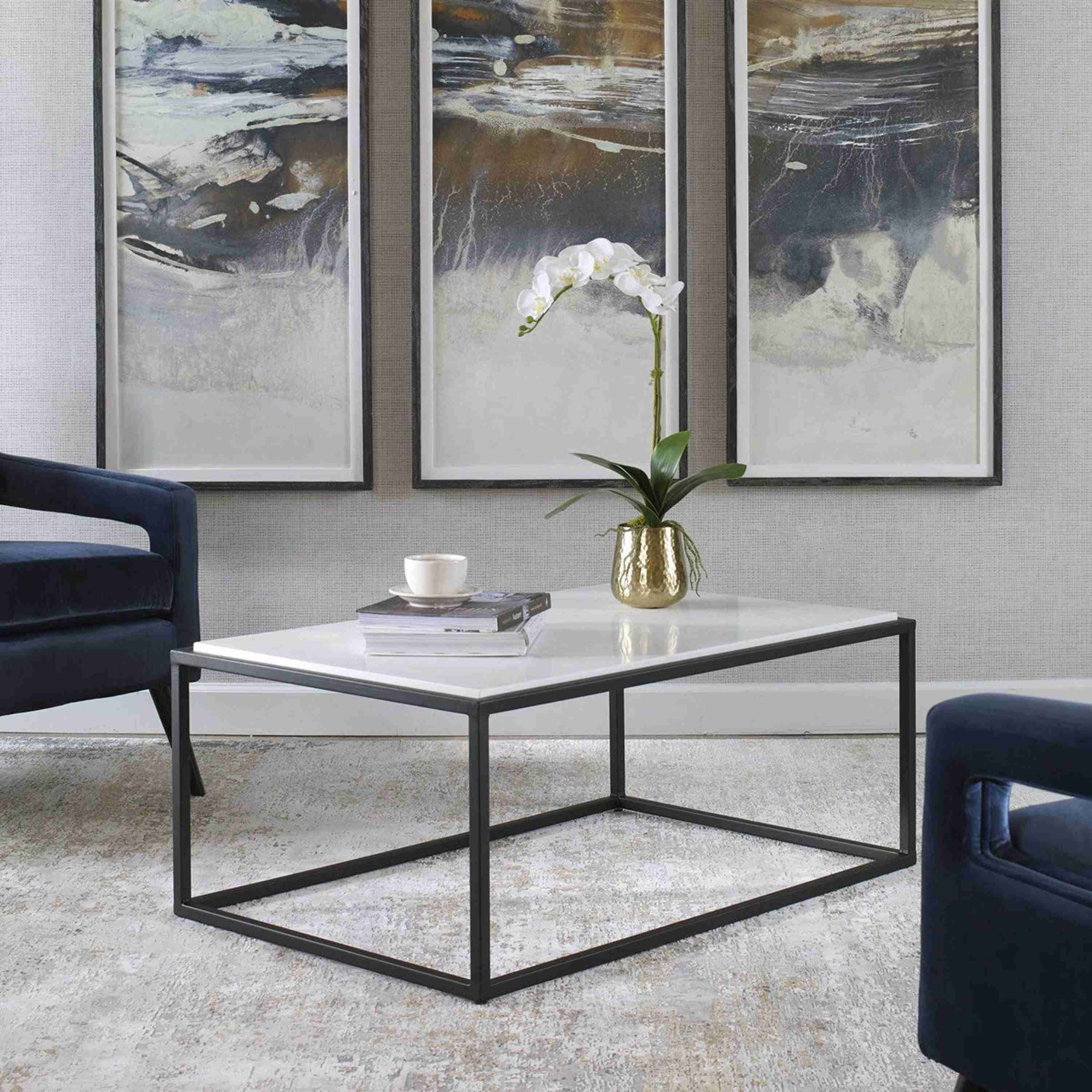 Uttermost Vola White Marble Top With Black Iron Base Modern Coffee Table - Image 3
