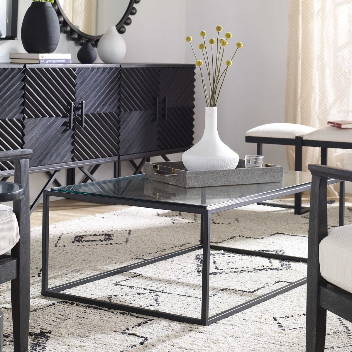 Uttermost Bravura Glass Top Satin Black Finish Iron Base Modern Coffee Table - Image 2