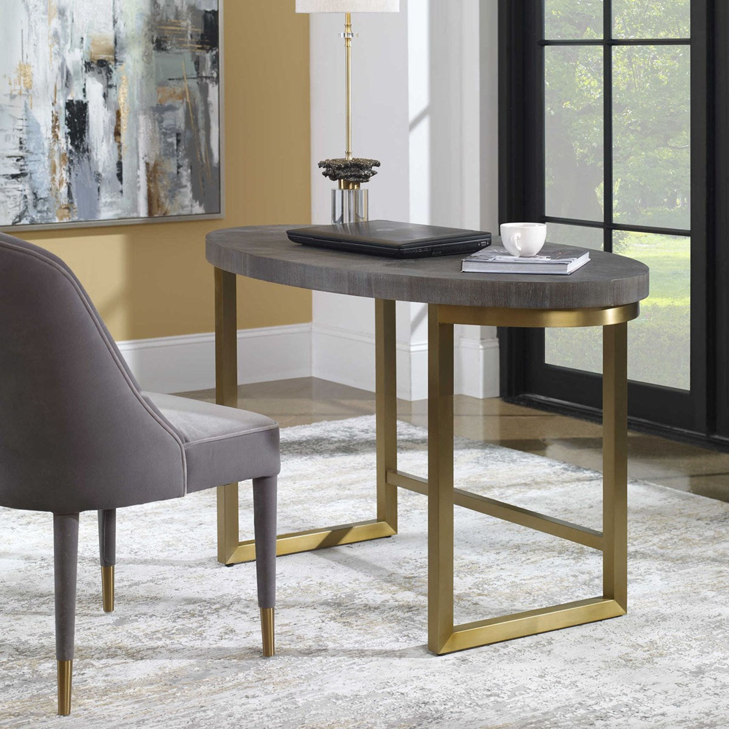 Uttermost Taja Washed Gray Walnut Top With Brushed Brass Steel Base Contemporary Writing Desk - Image 1