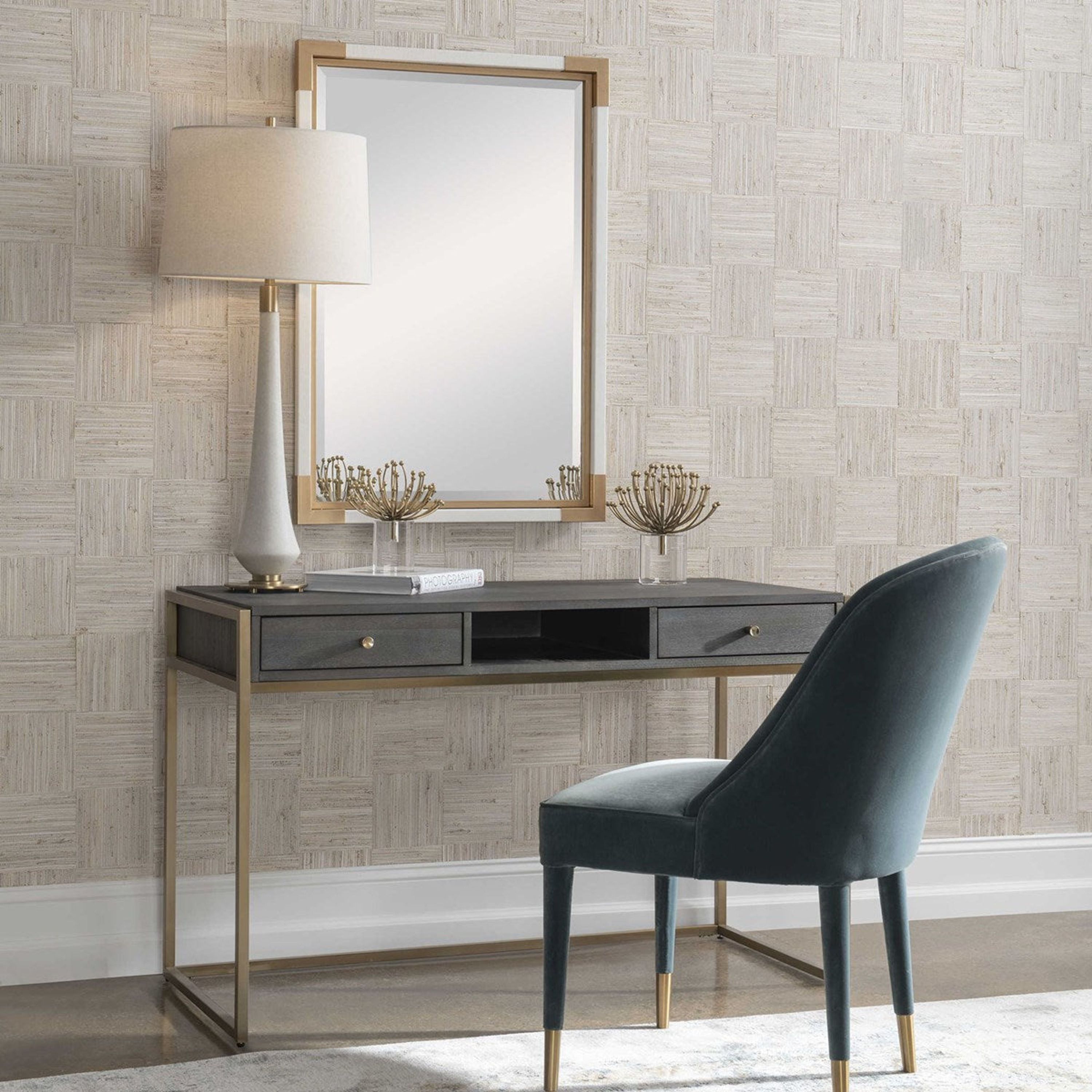 Uttermost Taja Washed Gray Walnut Top With Brushed Brass Steel Base Contemporary Desk