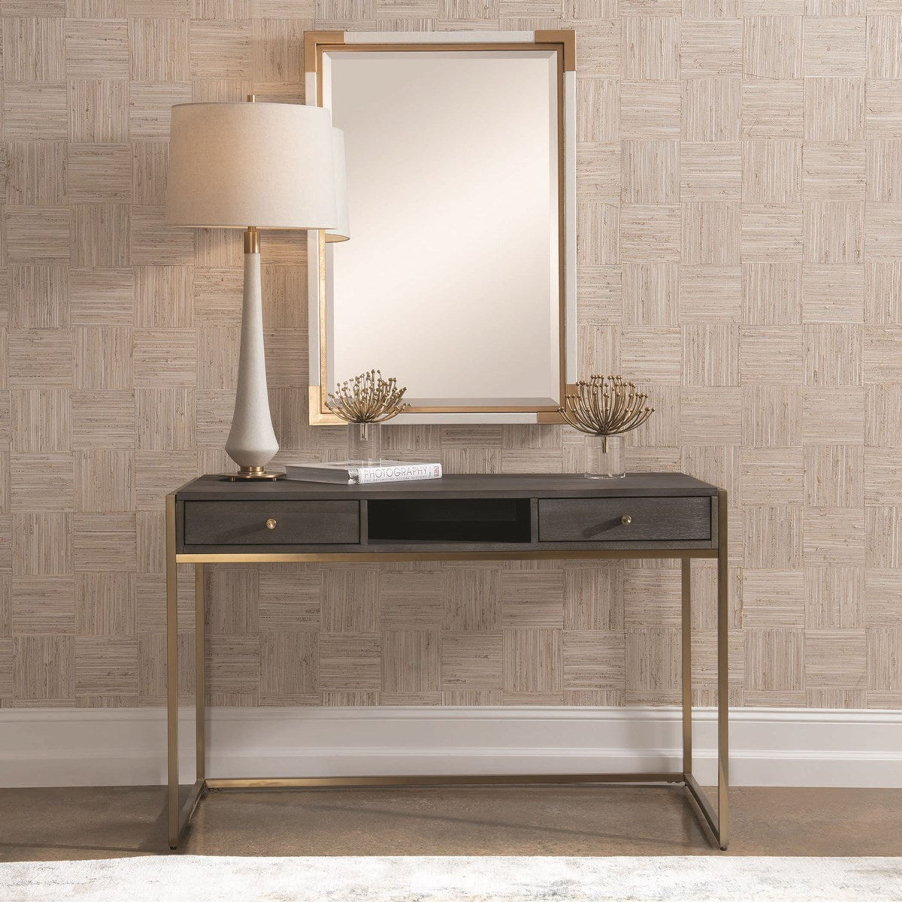 Uttermost Taja Washed Gray Walnut Top With Brushed Brass Steel Base Contemporary Desk - Image 2
