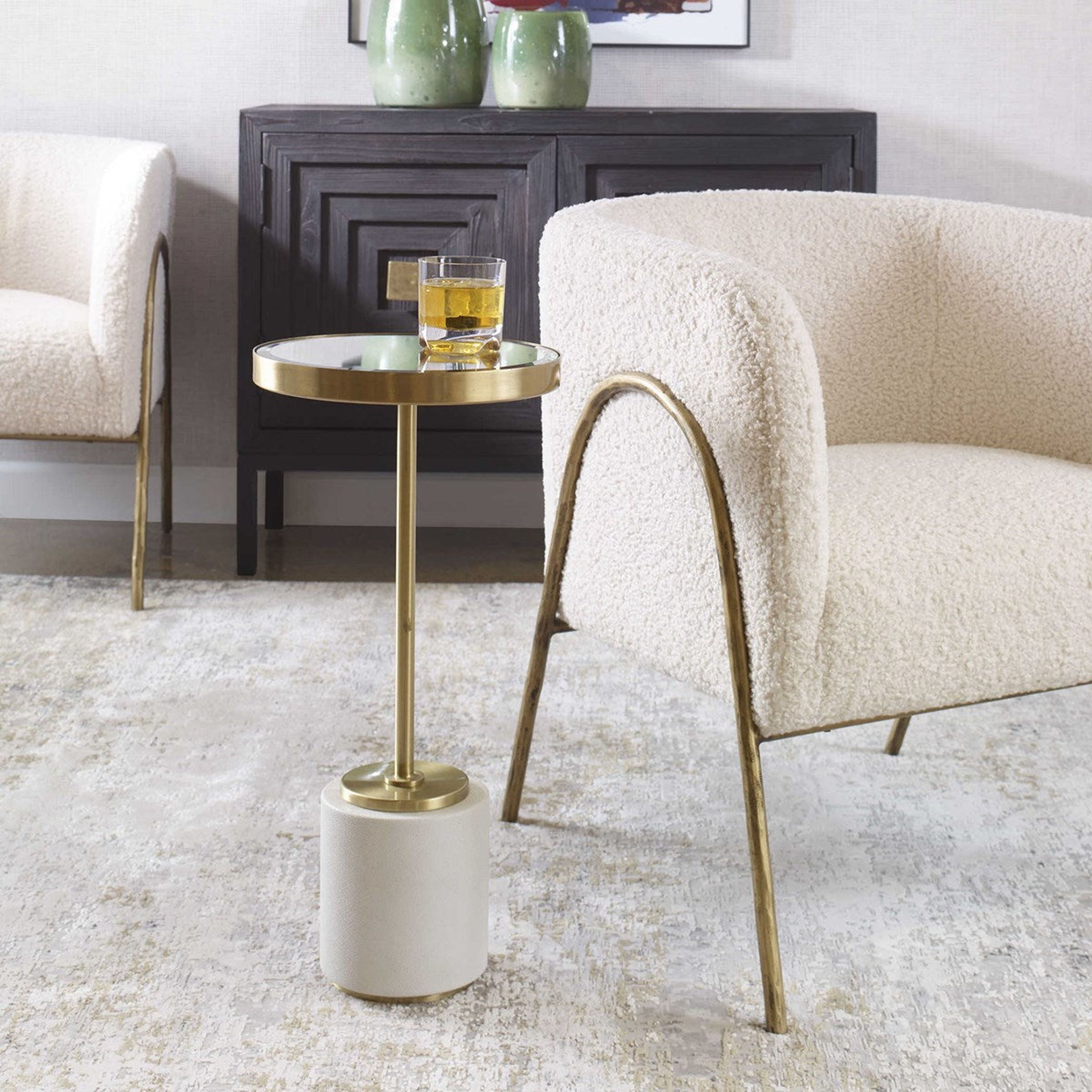Uttermost Laurier Mirrored Top With White Faux Shagreen and Brushed Brass Iron Contemporary Drink Table - Image 1