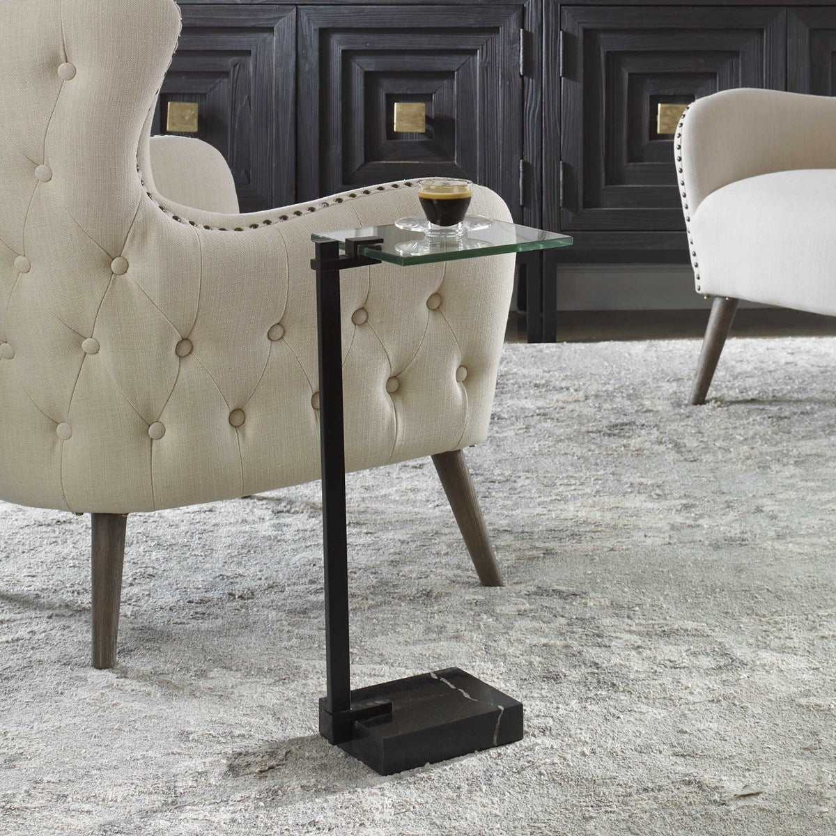 Uttermost Butler Glass Top With Black Marble & Steel Modern Accent Table - Image 2