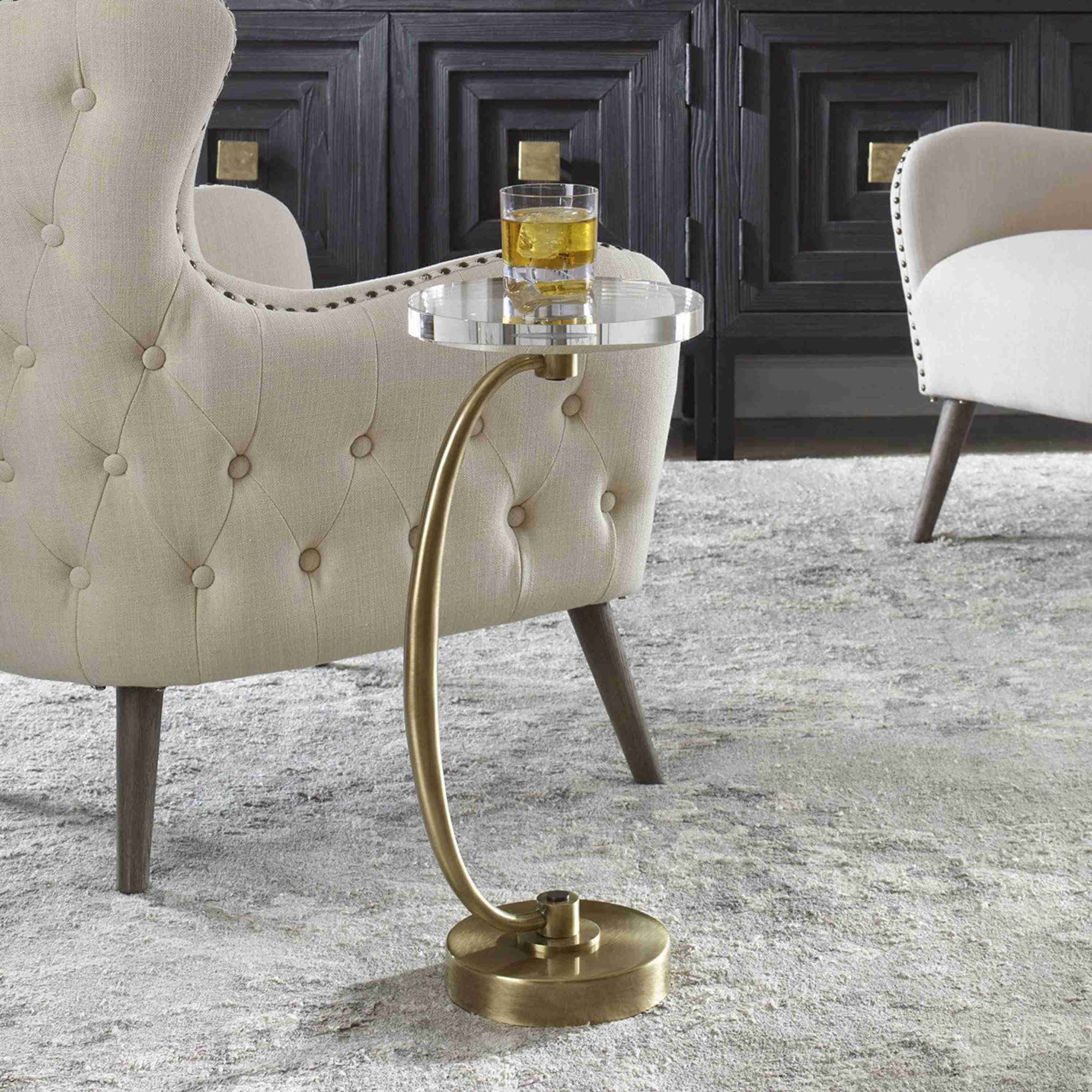 Uttermost Waveney Crystal Top With Antiqued Brass Curved Iron Drink Table