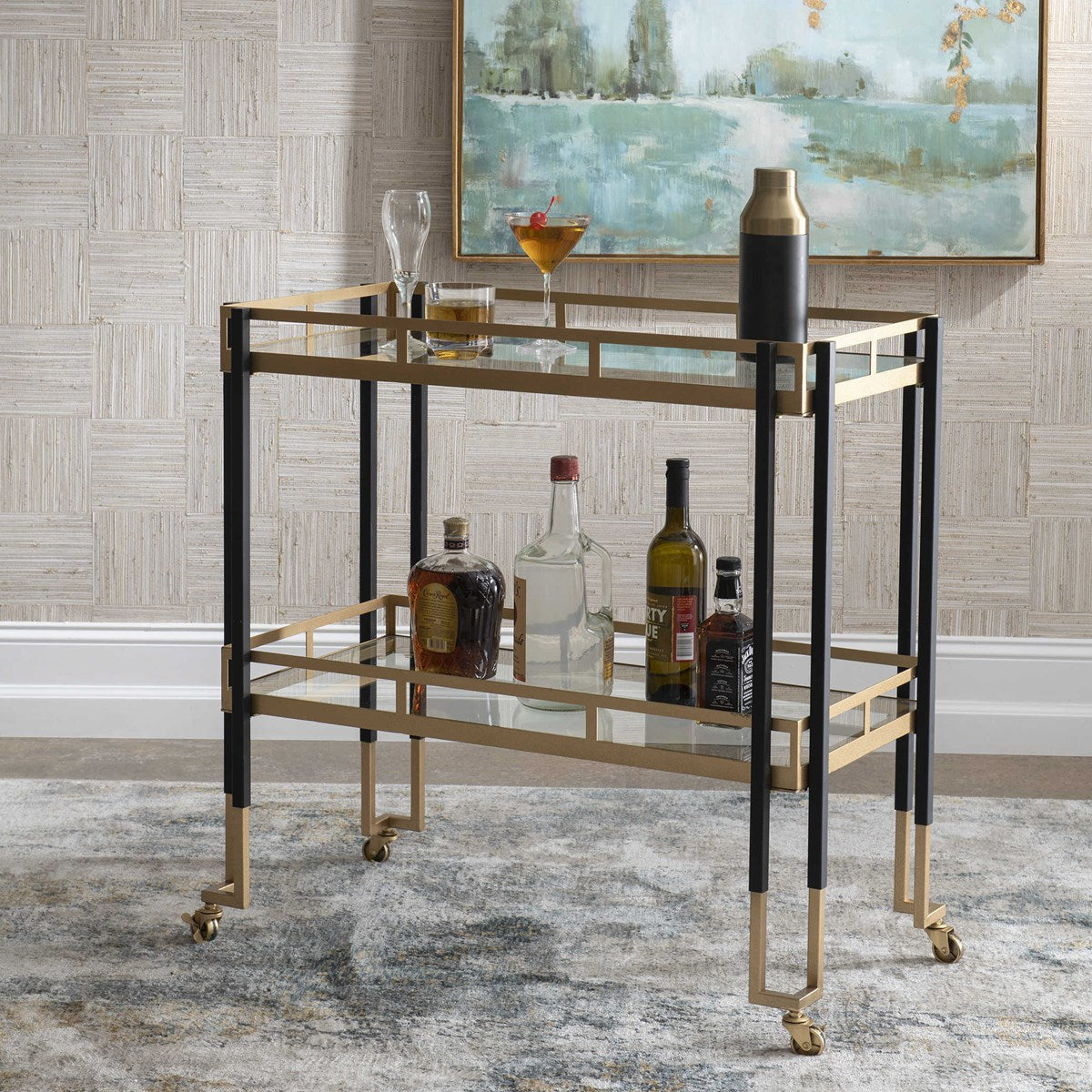 Uttermost Kentmore Glass With Matte Black and Brushed Gold Iron Contemporary Bar Cart - Image 1
