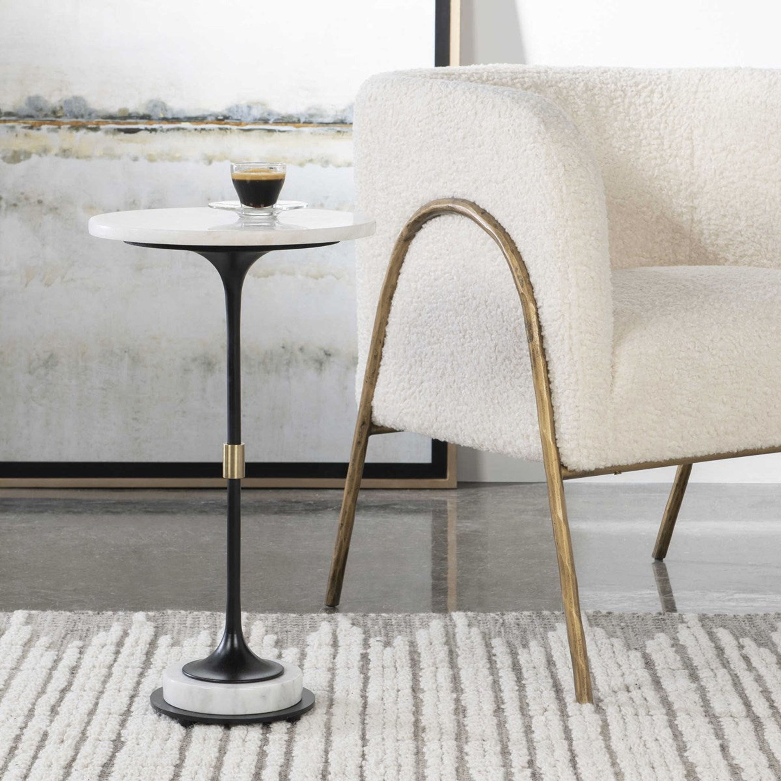 Uttermost Sentry White Marble Top With Antiqued Brushed Brass Iron Modern Round Accent Table - Image 1