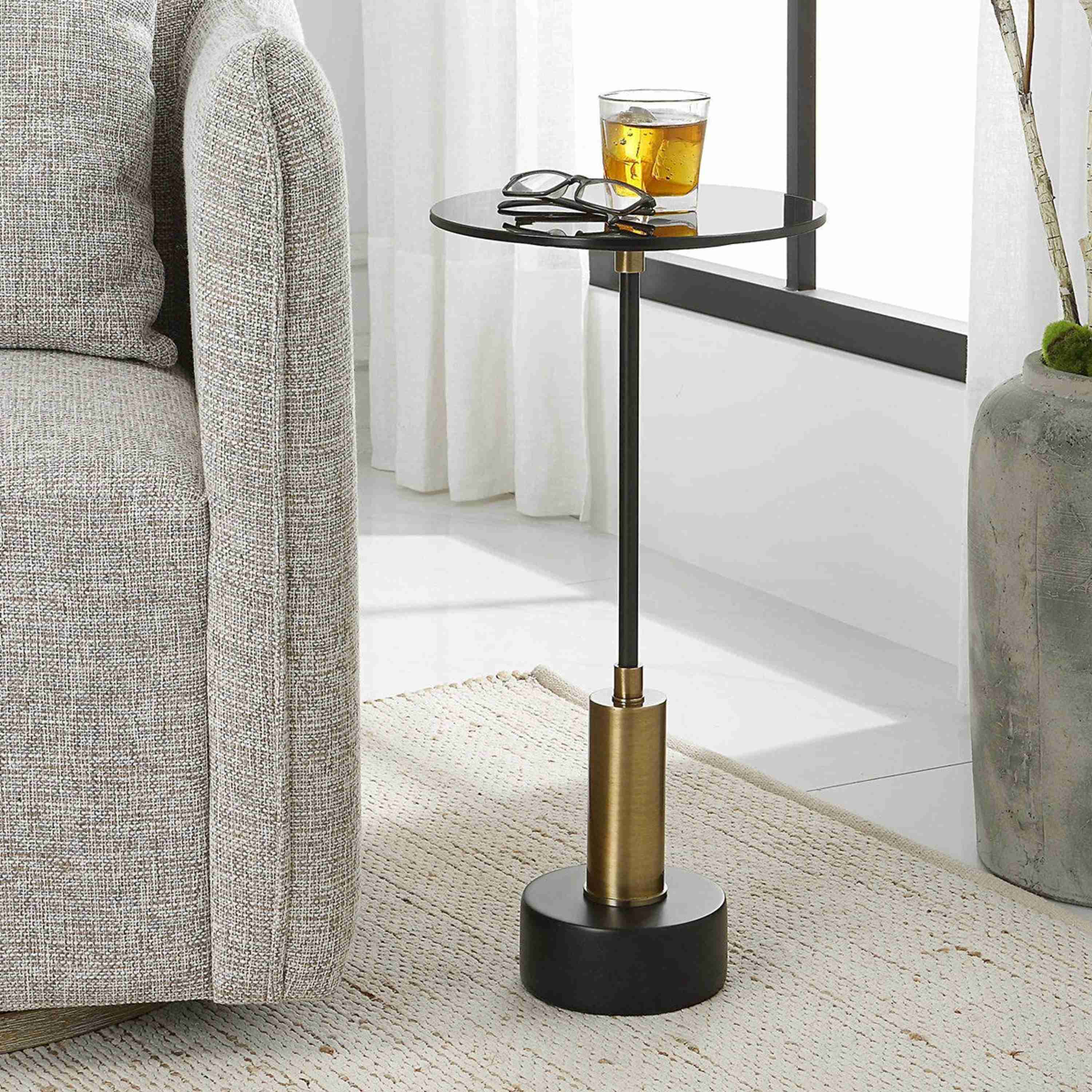 Uttermost Spector Black Glass Top With Brushed Brass Black Iron Modern Round Accent Table - Image 2