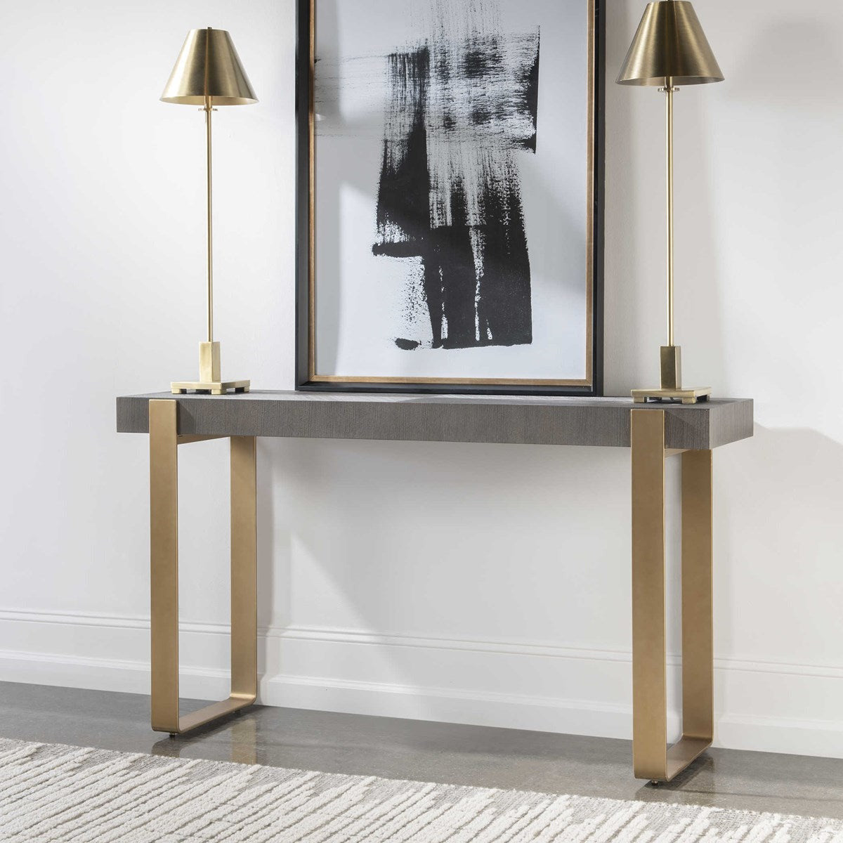 Uttermost Kea Walnut With Gray Glazing Top With Brushed Brass Iron Modern Console Table - Image 3