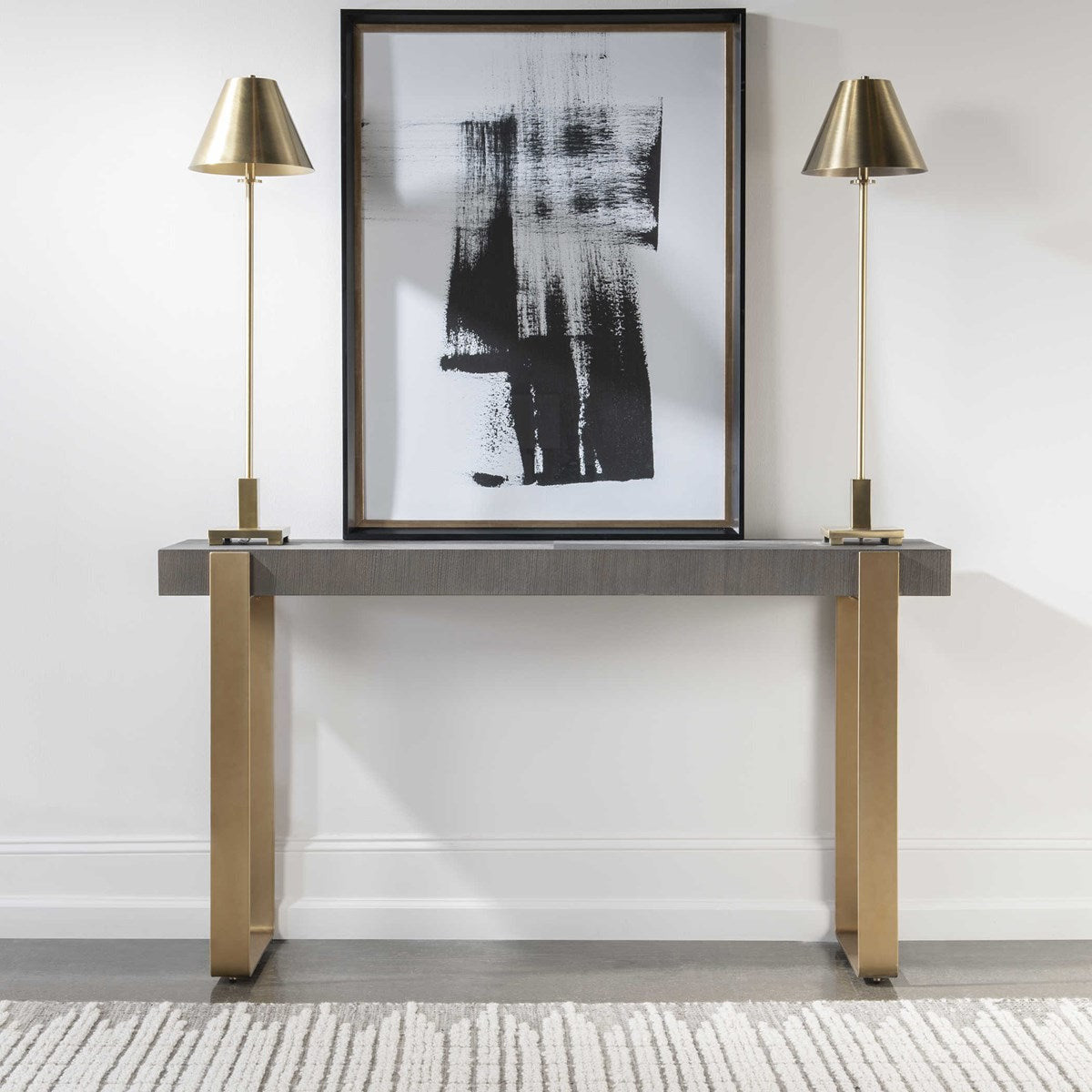 Uttermost Kea Walnut With Gray Glazing Top With Brushed Brass Iron Modern Console Table - Image 1