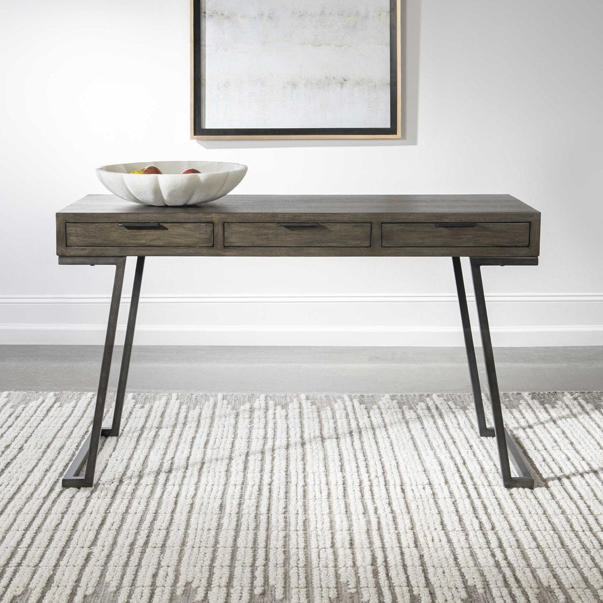 Uttermost Comrade Light Gray Glazing Mango Wood With Aged Steel Metal Rustic Modern Desk - Image 2