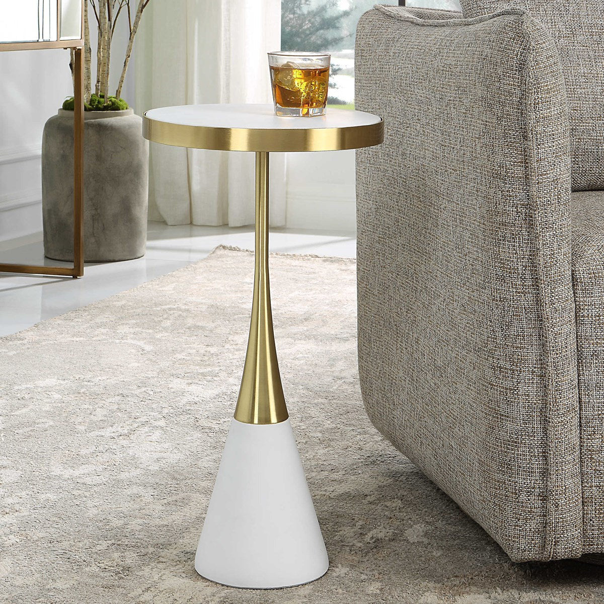 Uttermost Apex Matte White & Brushed Brass Modern Round Accent Table - Image 1