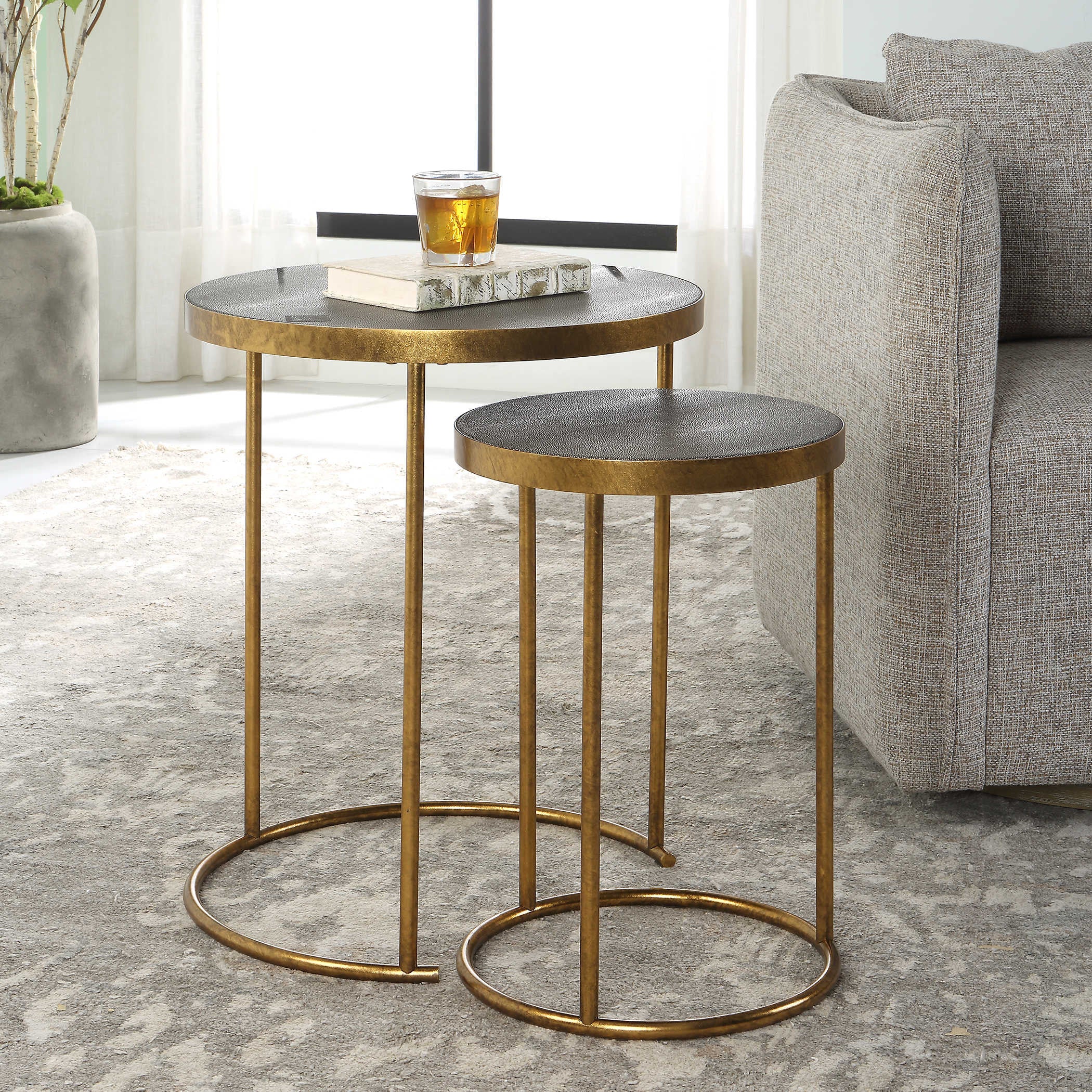 Uttermost Aragon Antiqued Burnished Brass Set of 2 Modern Round Nesting Tables - Image 1