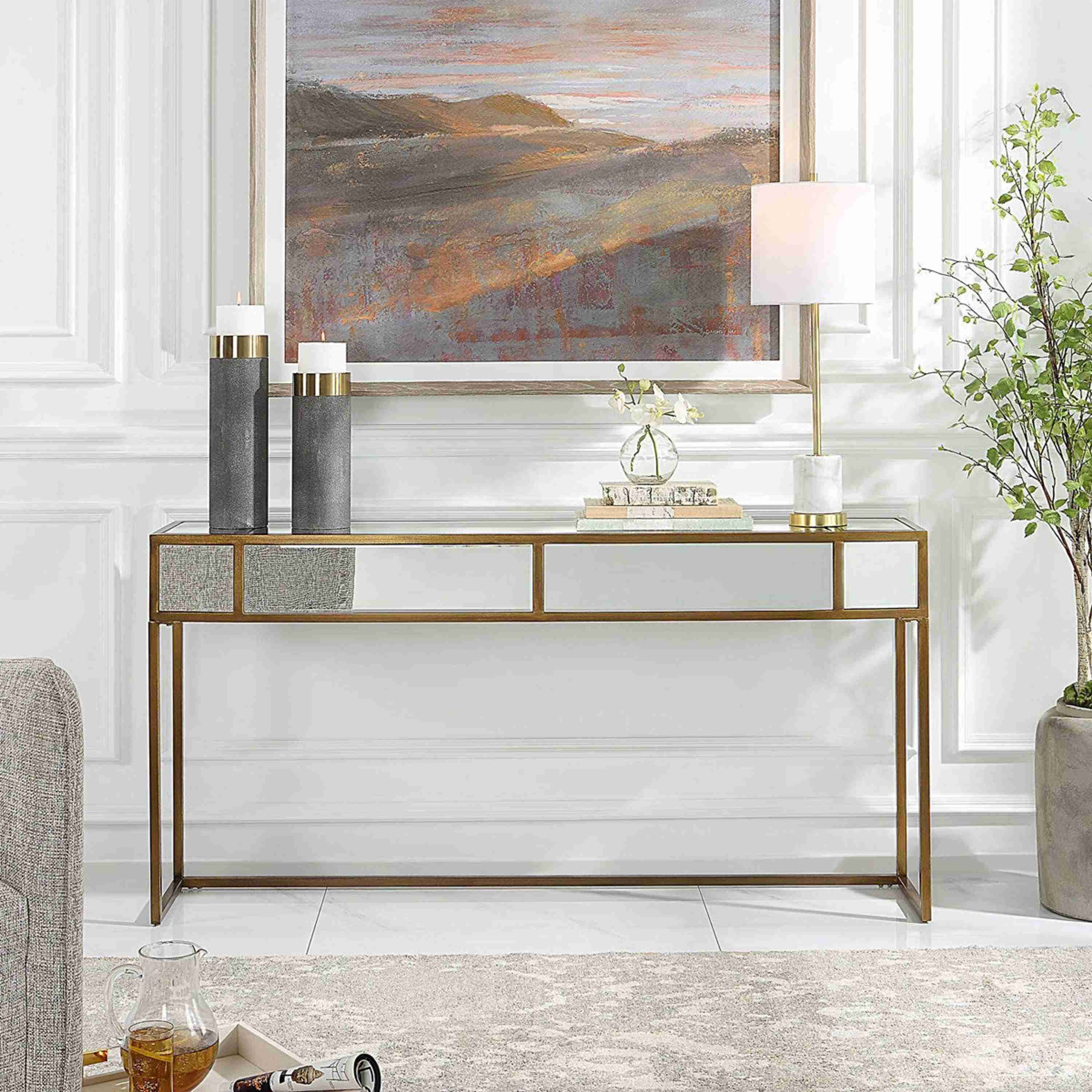 Uttermost Reflect Brushed Aged Gold Iron And Mirrored Accents Console Table - Image 1