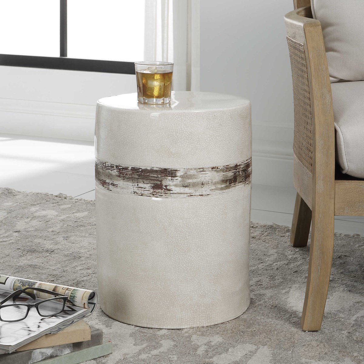 Uttermost Comanche Off White Crackle Glaze Ceramic Garden Stool Indoor or Outdoor Use - Image 1