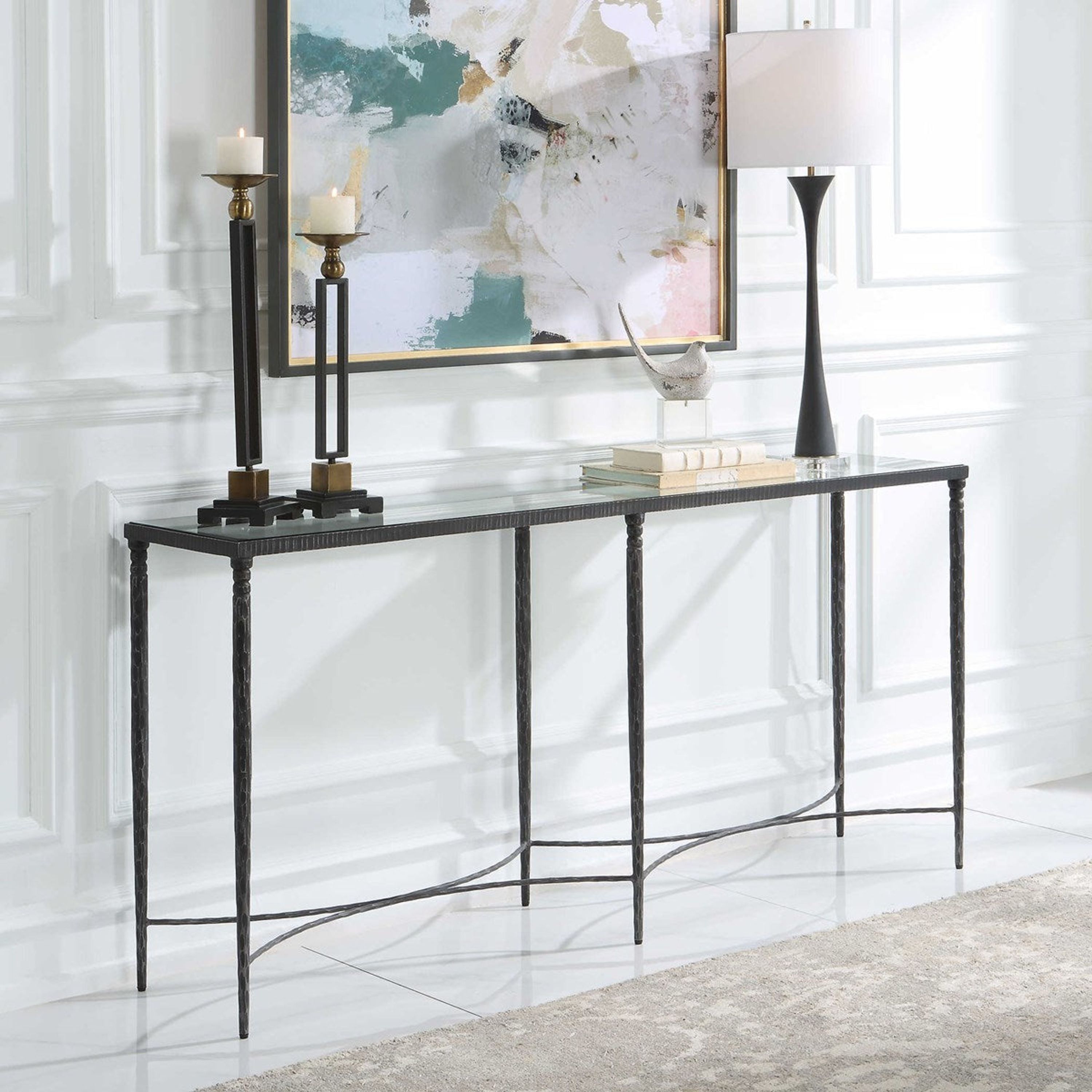 Uttermost Washington Glass Top With Distressed Black Iron Base Console Table - Image 3