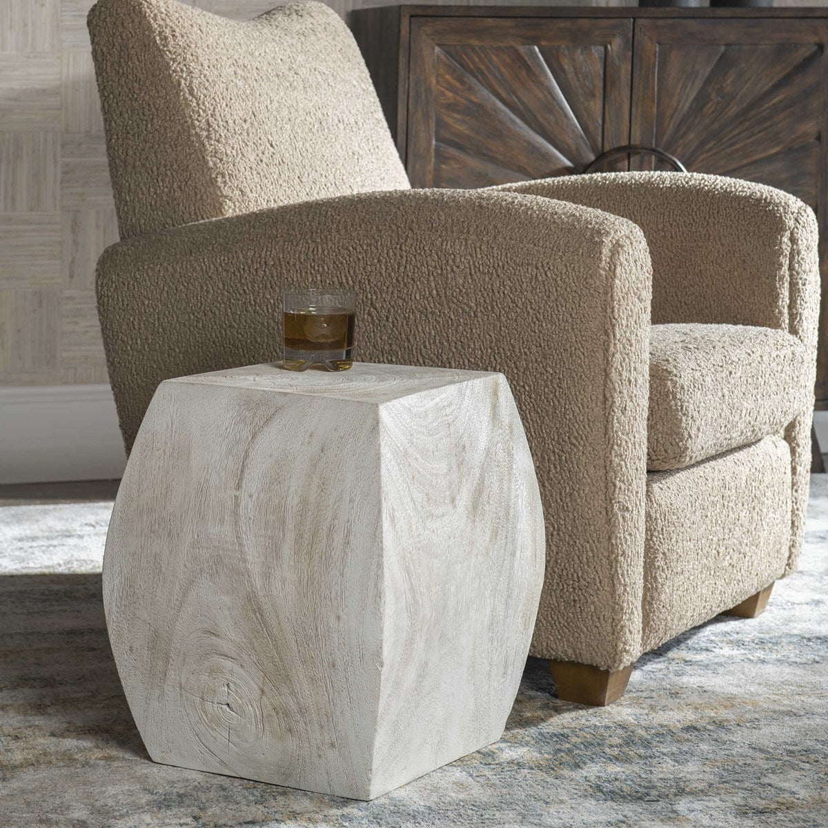 Uttermost Grove Suar Wood Ivory Finish Modern Accent Stool - Image 1