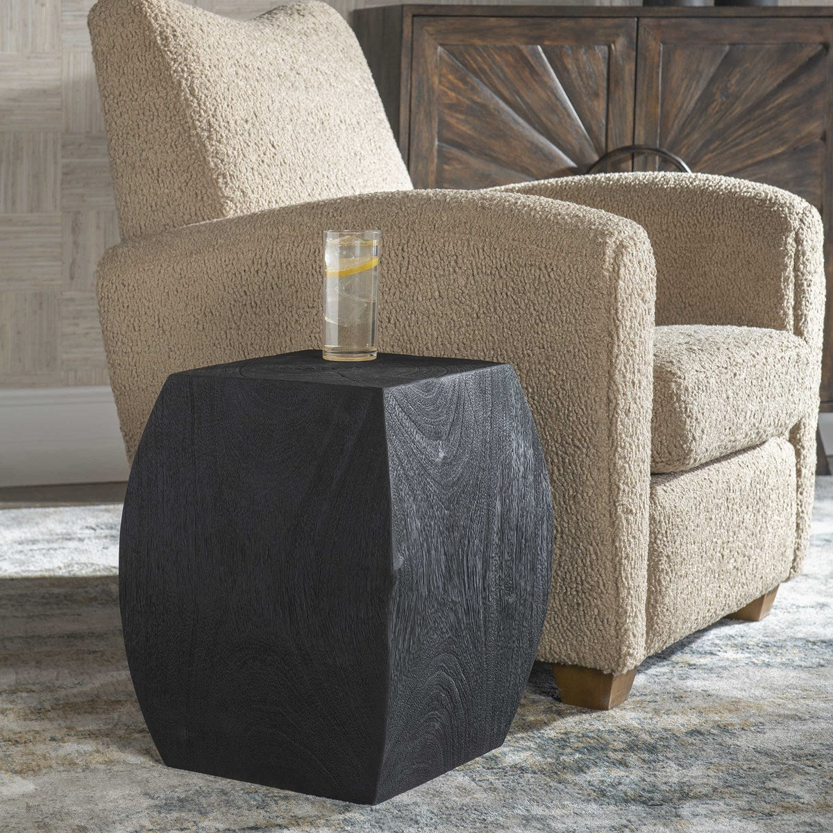 Uttermost Grove Suar Wood Rustic Black Finish Modern Accent Stool - Image 1