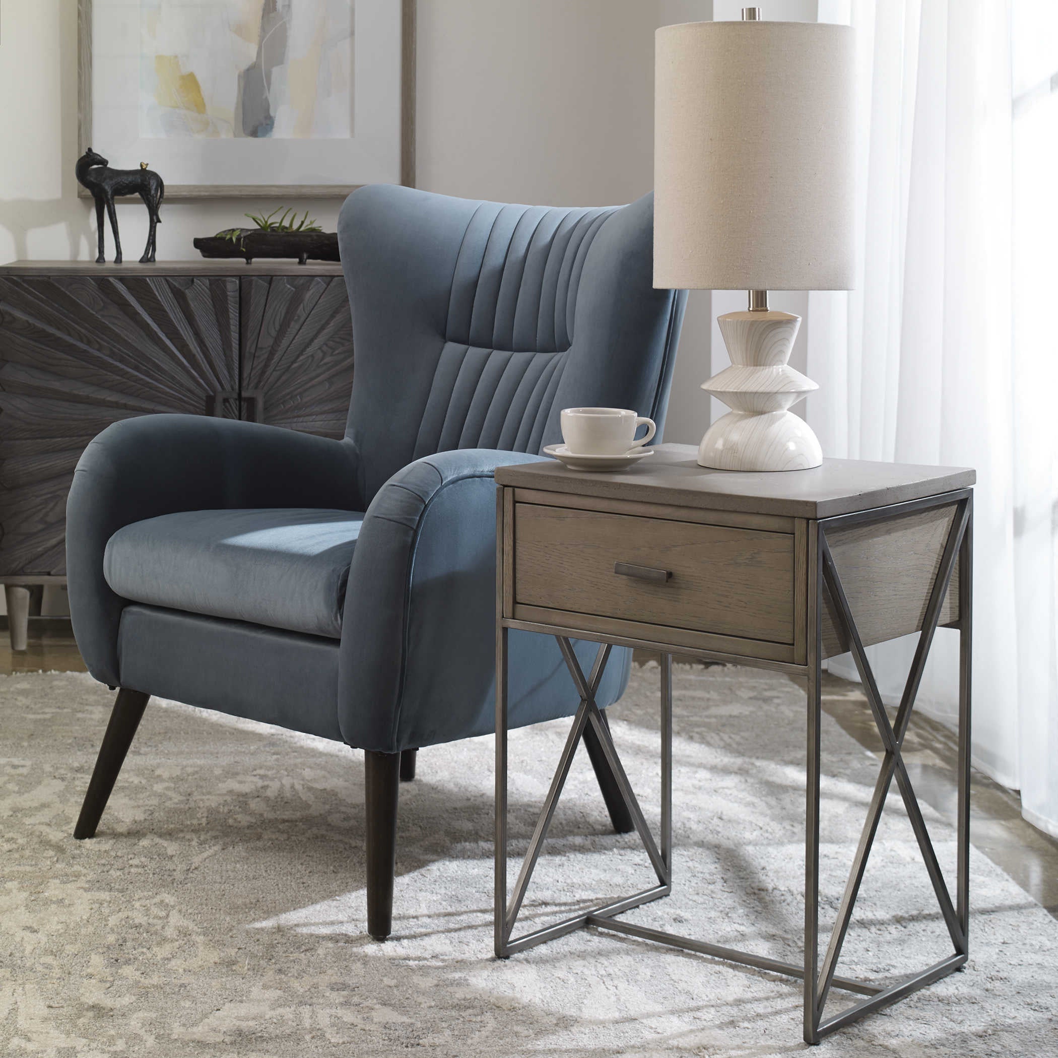 Uttermost Cartwright Aged Gray Concrete Top With Gray Oak Wood & Brushed Pewter Side Table - Image 1