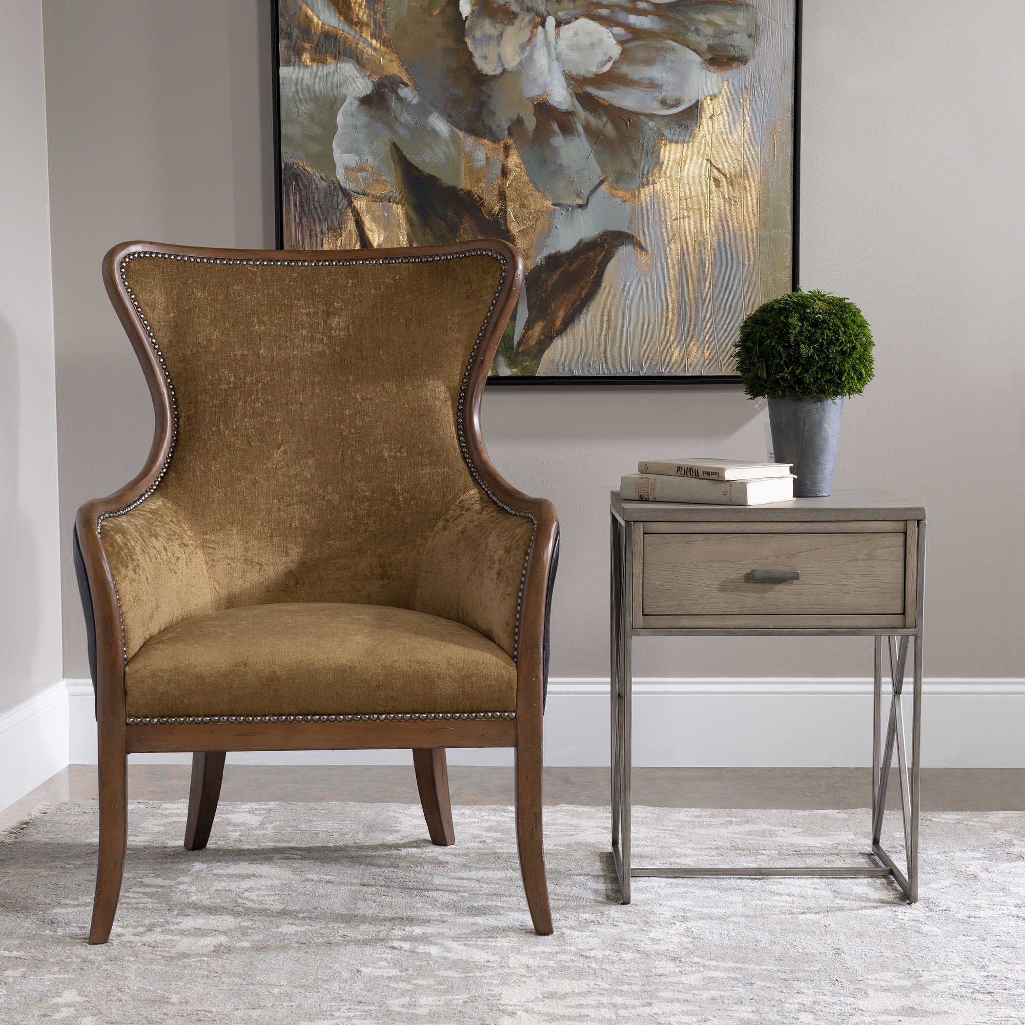 Uttermost Cartwright Aged Gray Concrete Top With Gray Oak Wood & Brushed Pewter Side Table - Image 2