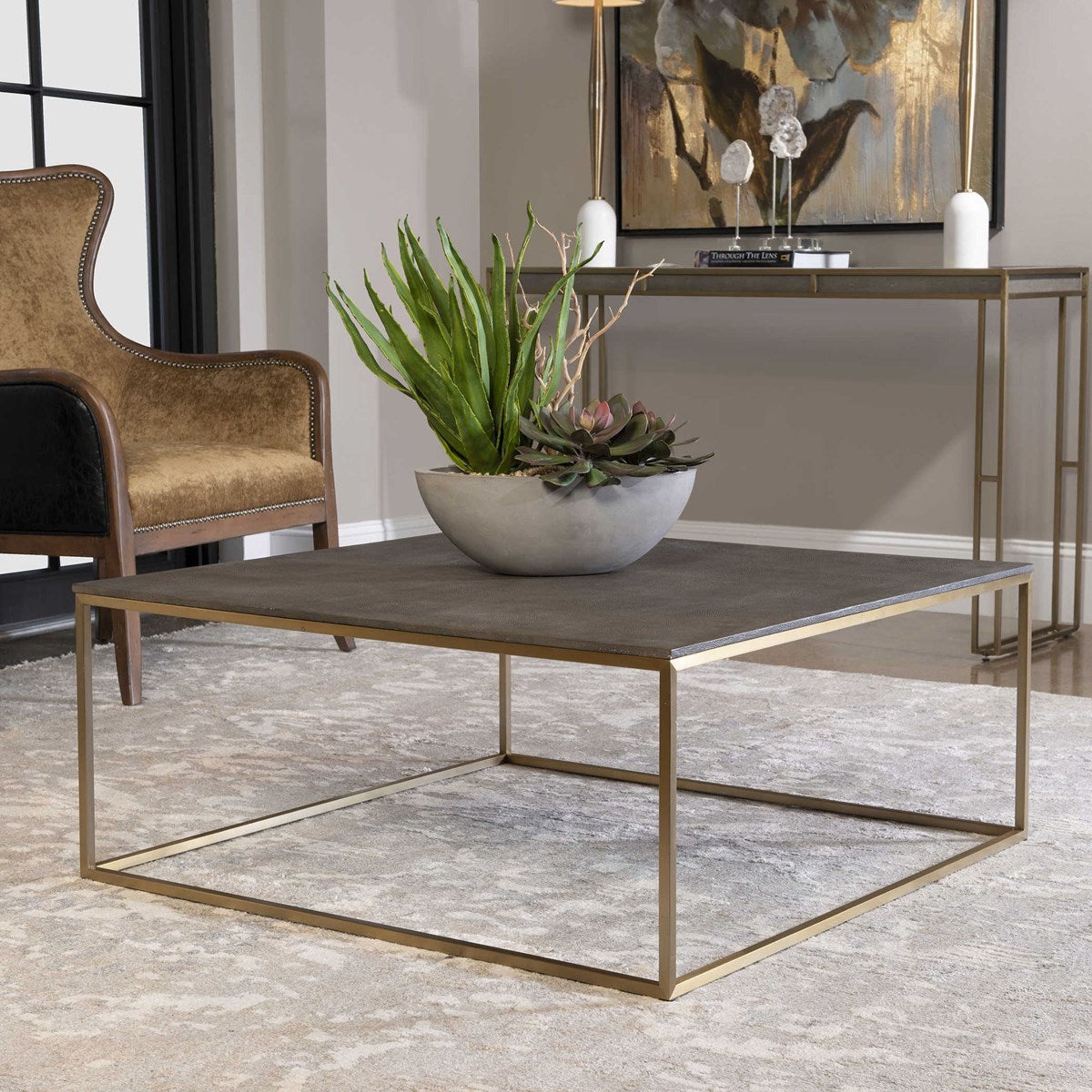 Uttermost Trebon Charcoal Gray Faux Shagreen With Brushed Brass Steel Base Modern Coffee Table - Image 3