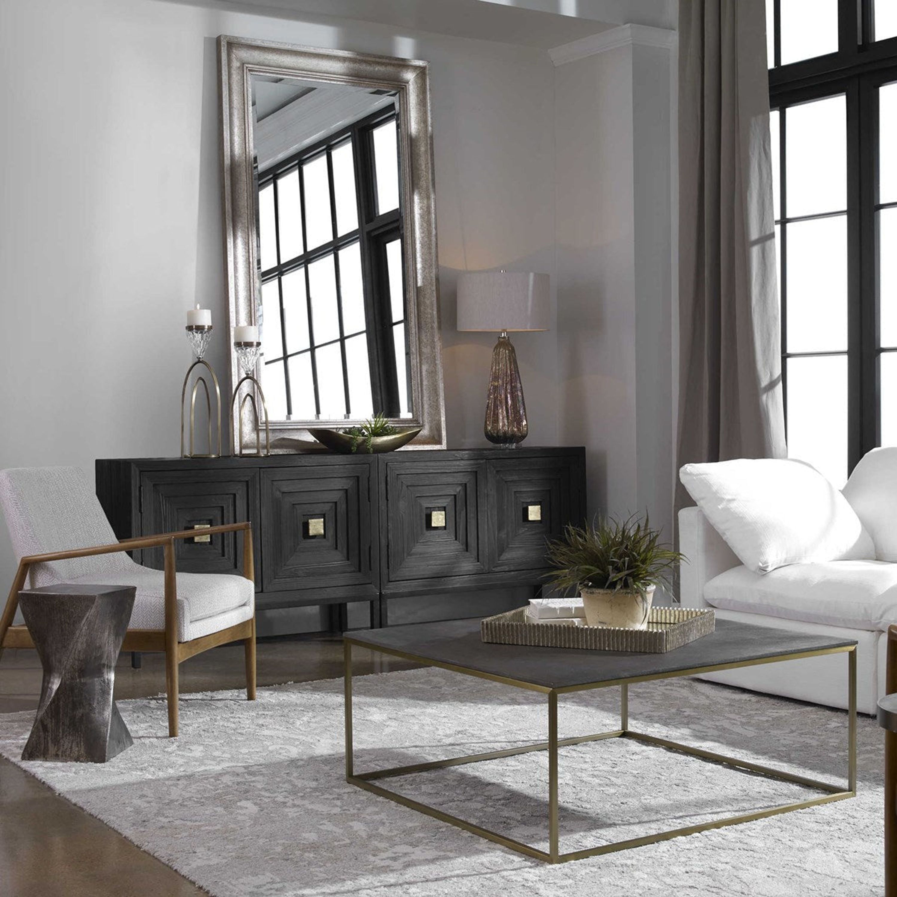 Uttermost Trebon Charcoal Gray Faux Shagreen With Brushed Brass Steel Base Modern Coffee Table